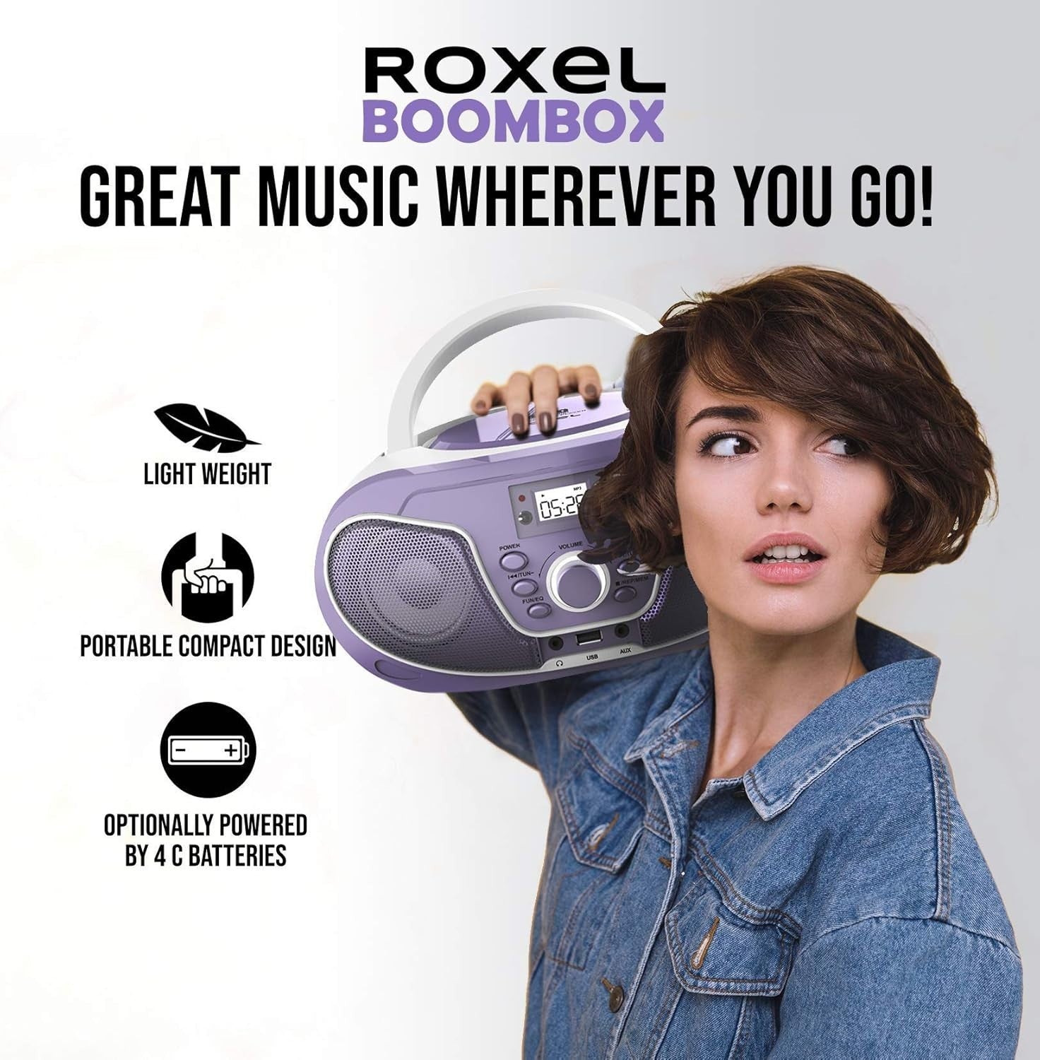Purple Portable Boombox CD Player Bluetooth FM Radio USB AUX Remote