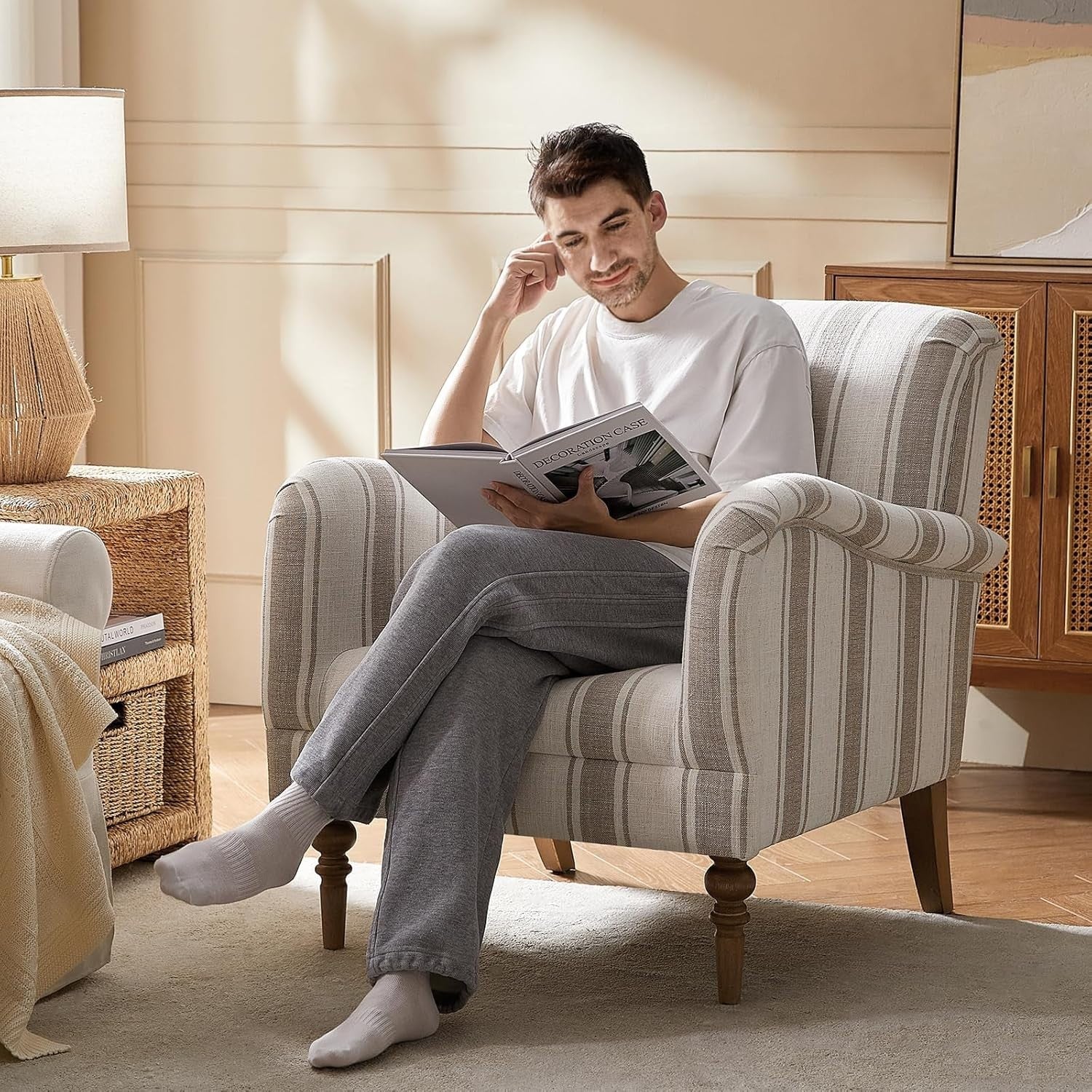 Striped Armchair Accent Chair Tan Upholstered Seat for Lounge Bedroom Home