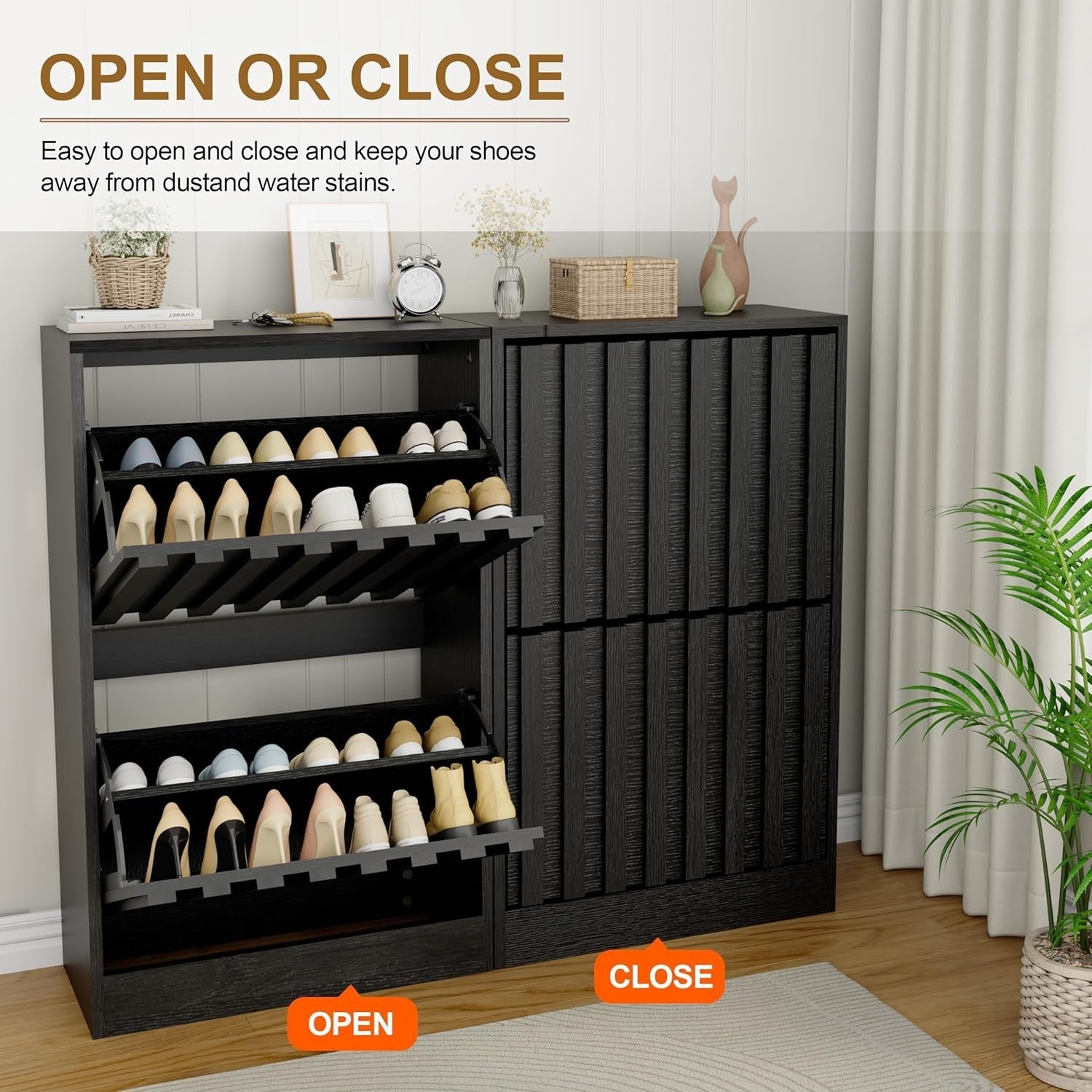 Slim Wooden Shoe Storage Cabinet with 2 Flip Drawers & Ventilated Doors