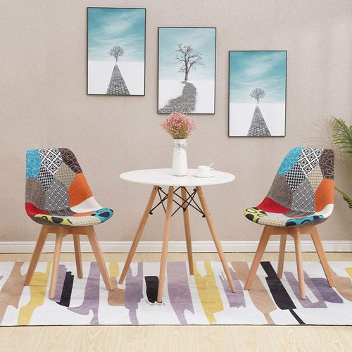 Modern Round Dining Table & 2 Patchwork Chairs Set | Solid Wood Legs