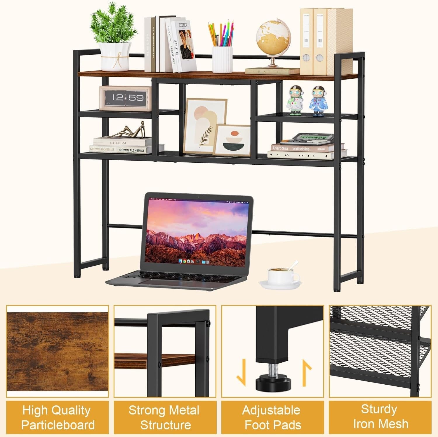 Rustic Desk Hutch Shelf 5-Tier 38.6" Desktop Bookshelf Organizer Storage Rack