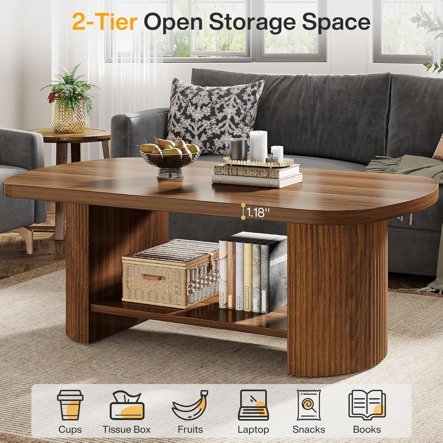 Oval 2-Tier Coffee Table with Storage Shelf, Mid-Century Rustic Brown 115cm