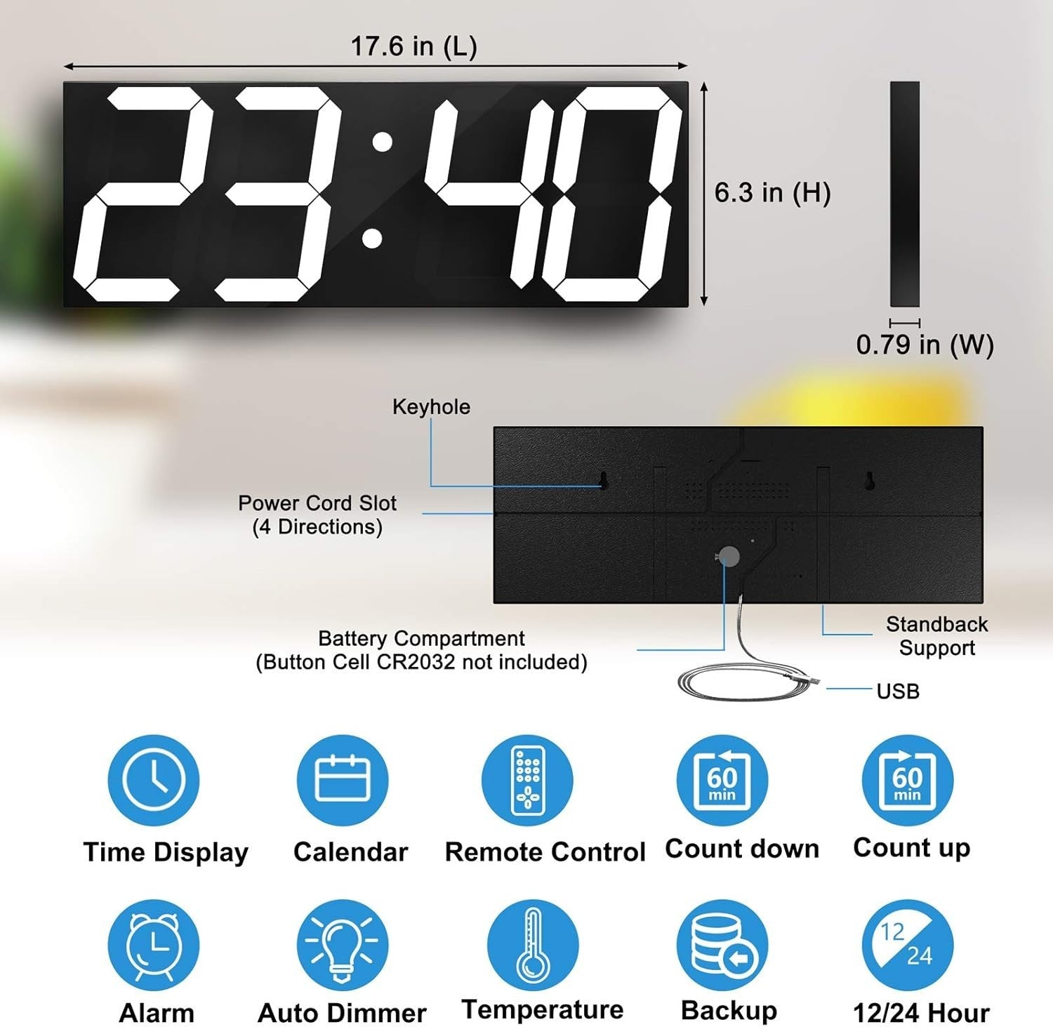 18” Digital Wall Clock LED Timer Thermometer Calendar USB White Large