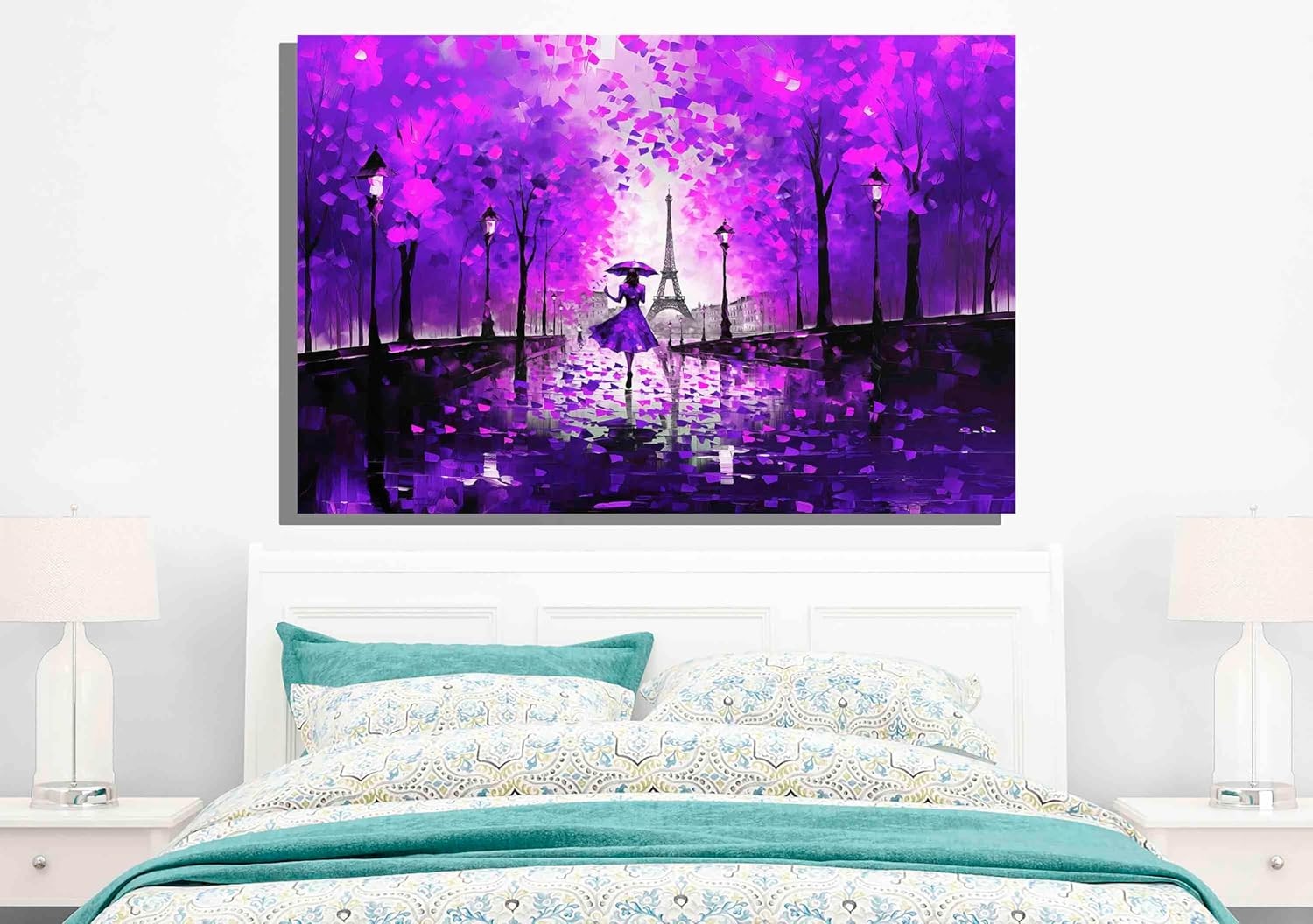 Large Purple Paris Canvas Wall Art Romantic Cityscape Living Room Bedroom Decor