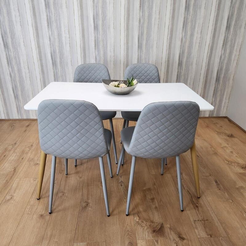 White Dining Table Set with 4 Grey Quilted Chairs – Modern Kitchen Set