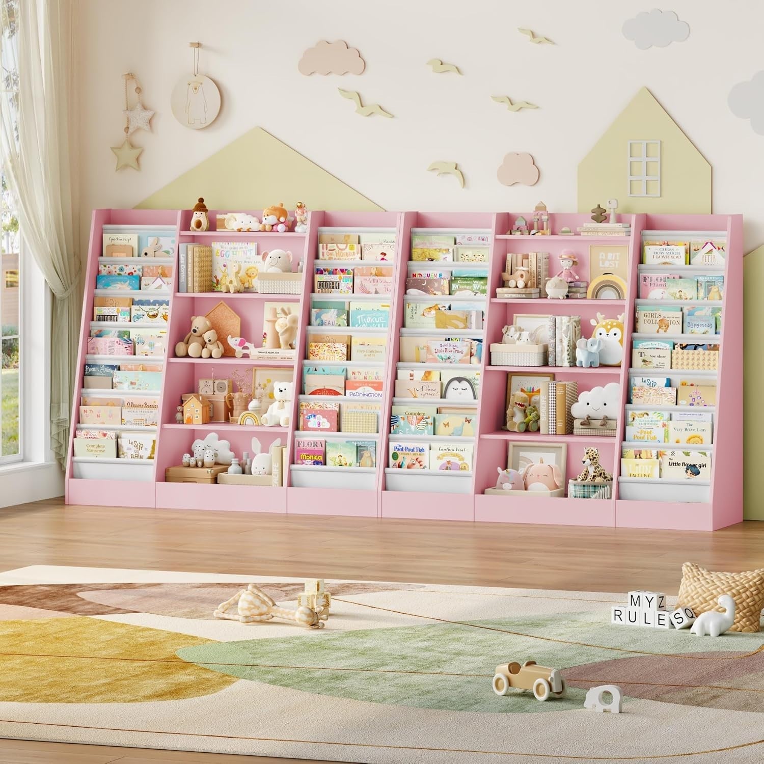 Kids Bookshelf Toy Storage Organizer with 14 Fabric Shelves & 5 Open Racks