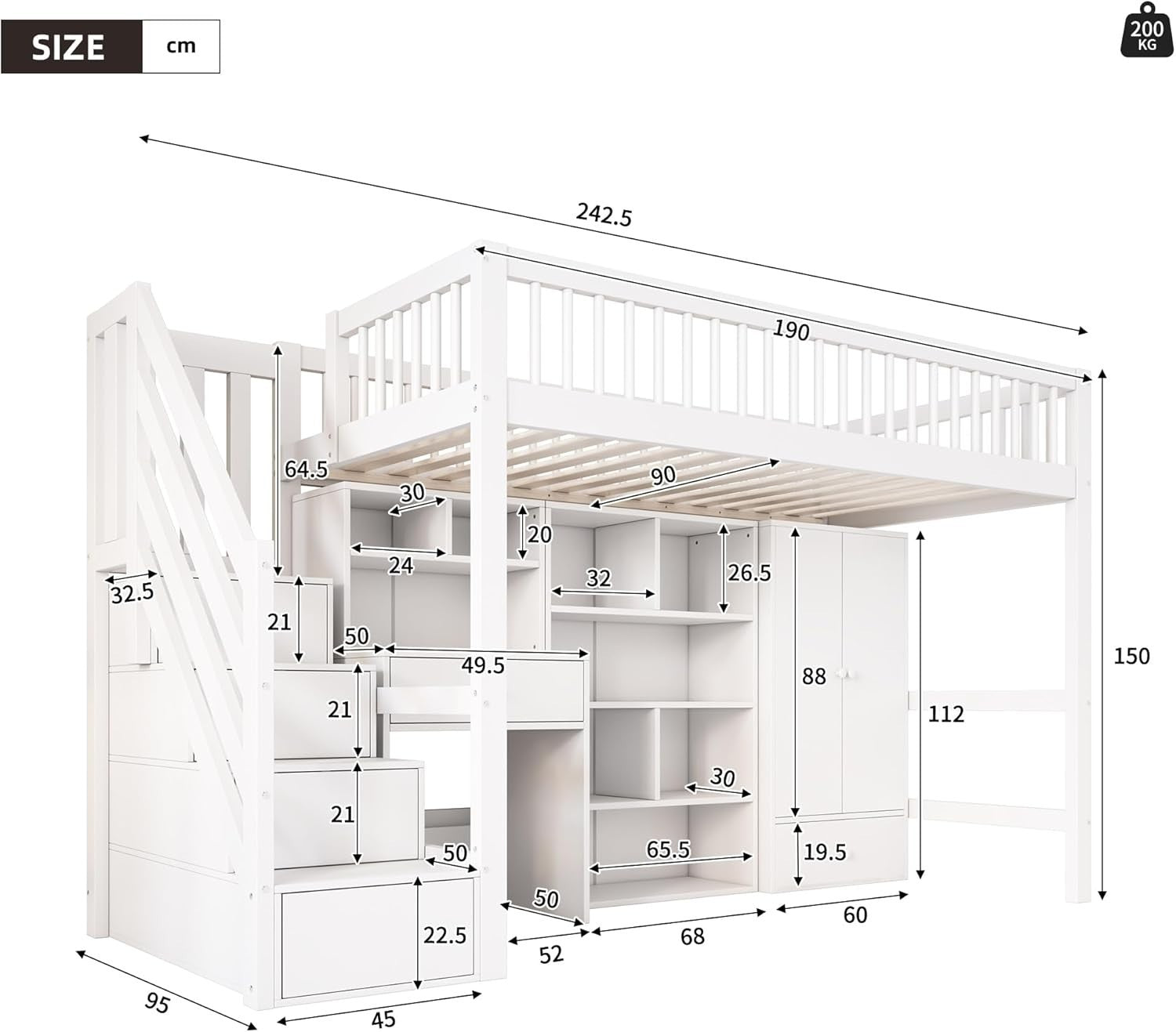 Kids Loft Bed with Desk Wardrobe Drawers Stairs Storage 3FT 90x190cm