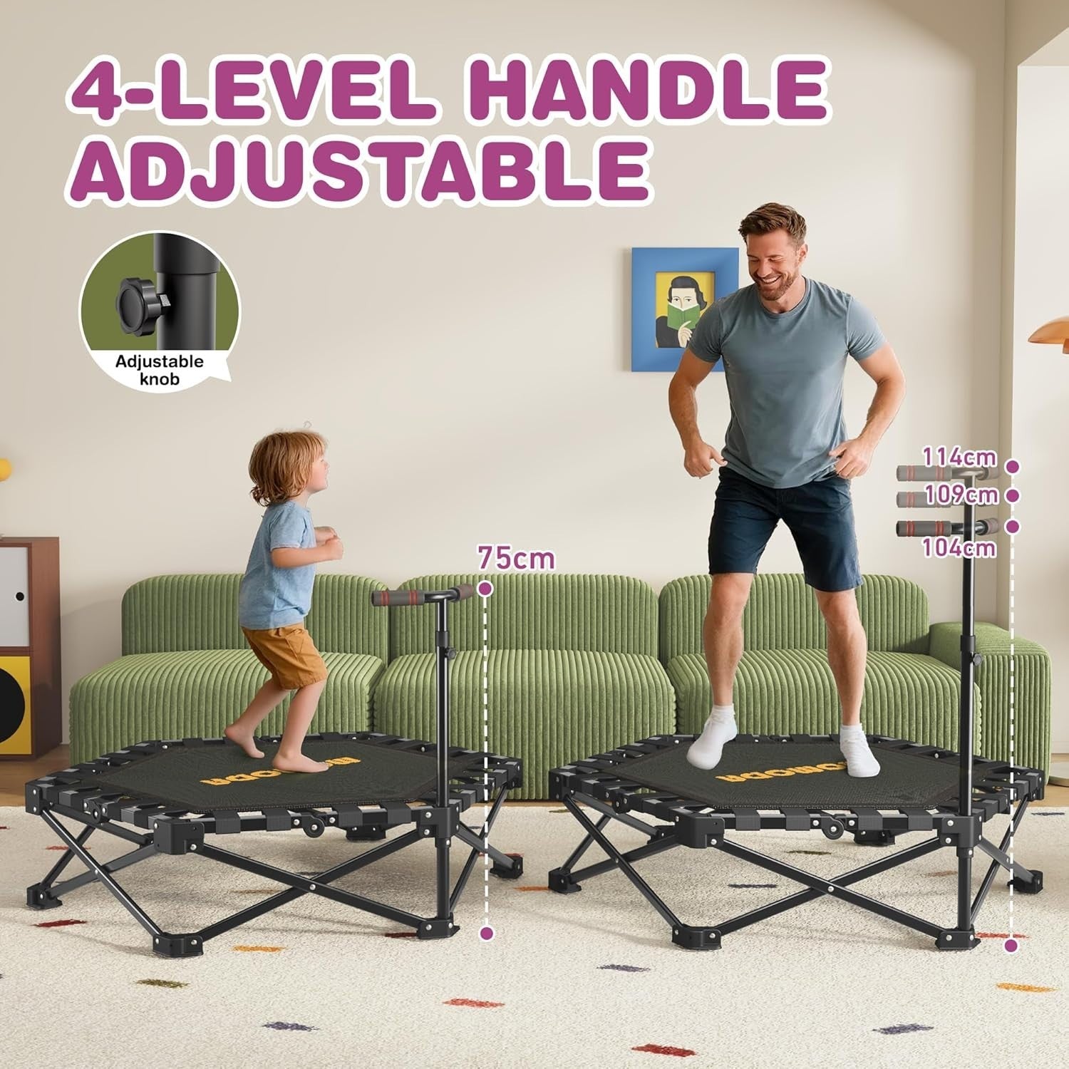 42in Folding Mini Trampoline with Handle Indoor Rebounder Kids Adults