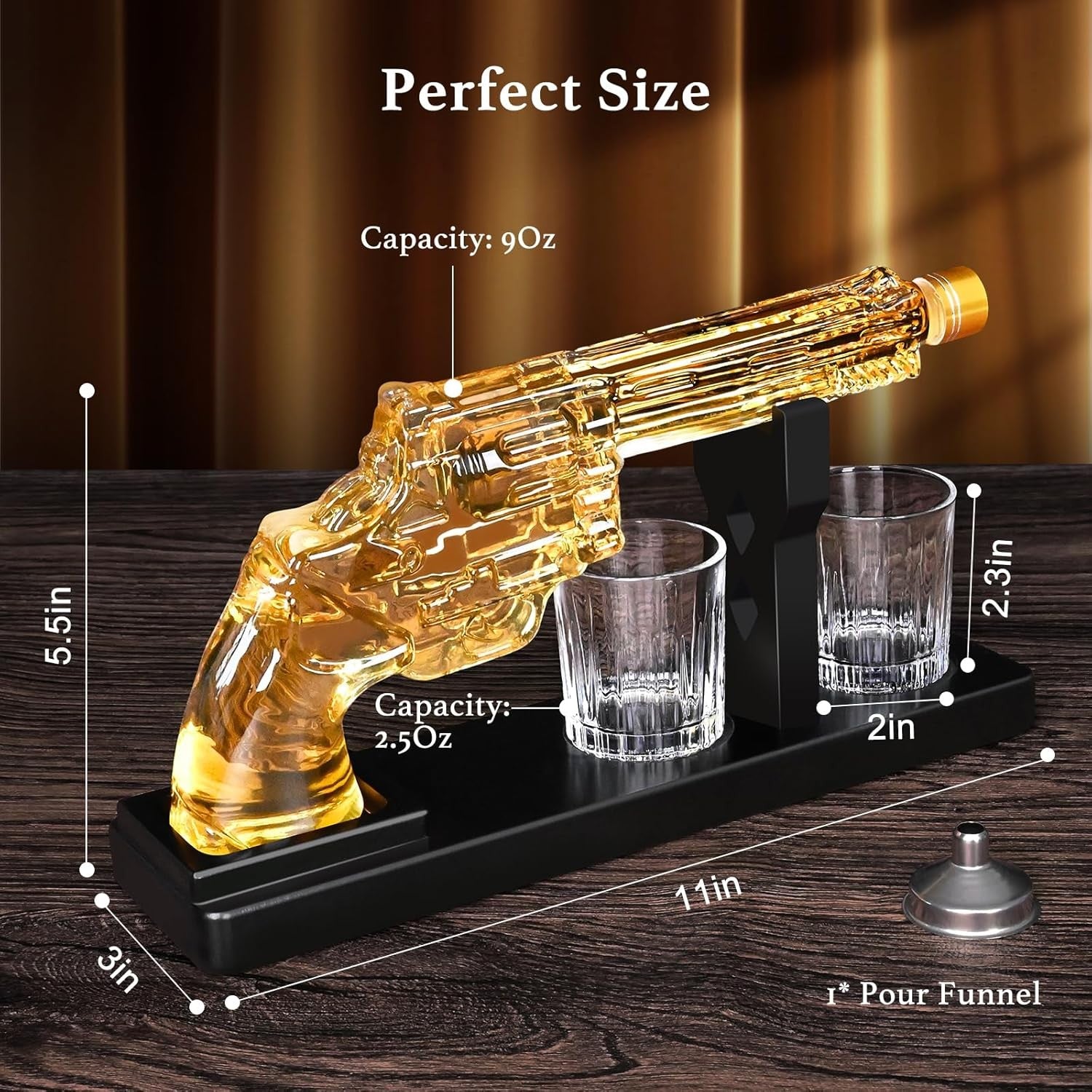 Gun Style Whiskey Decanter Set with 2 Shot Glasses Revolver Liquor Gift 9oz