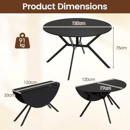 Folding Round Drop Leaf Dining Table 120cm Space Saving Extendable Black
