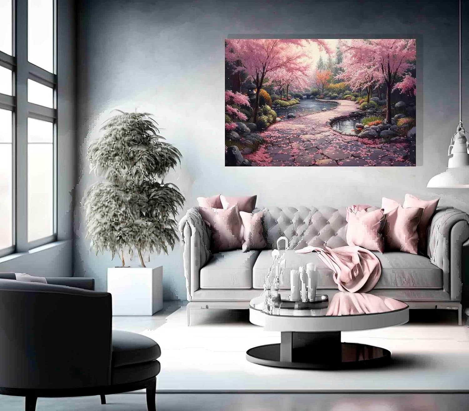 76×50 cm Pink Blossom Trees Japanese Garden Canvas Wall Art – Modern Decor
