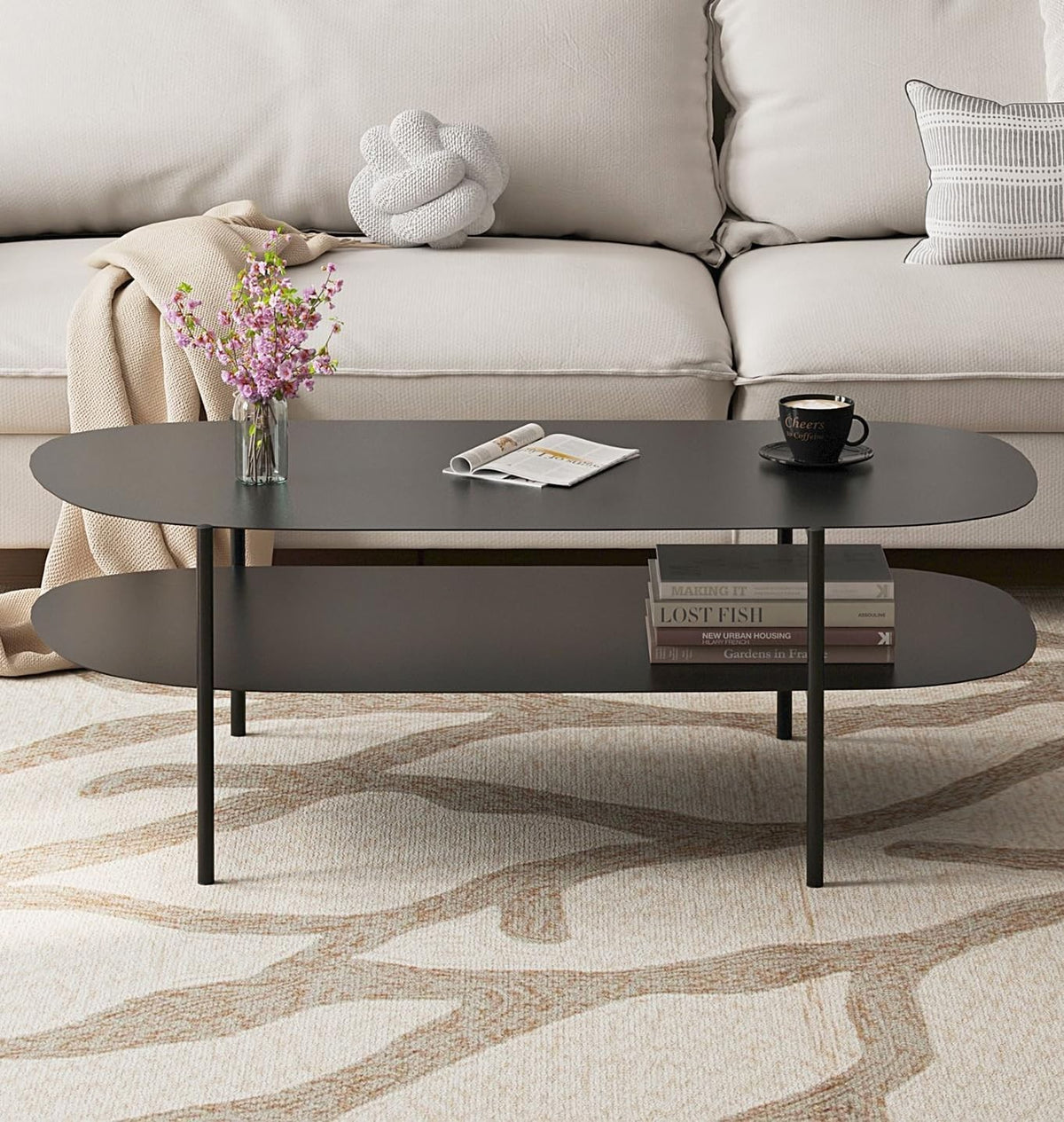 Black Oval Coffee Table with Shelf, Metal Frame 100x50x45cm