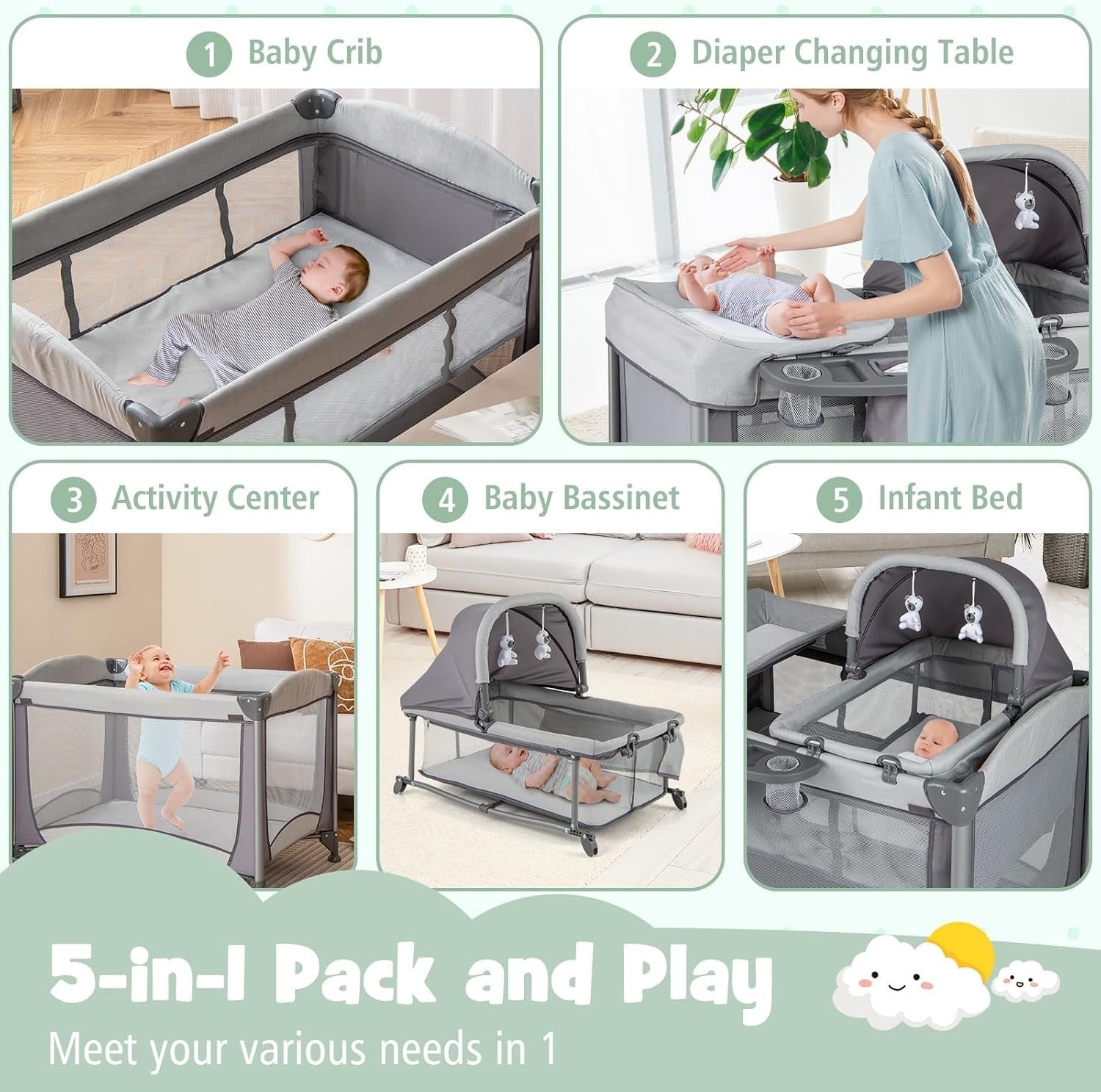 5in1 Travel Cot Baby Bedside Crib Bassinet w/ Mattress Folding Playard Grey