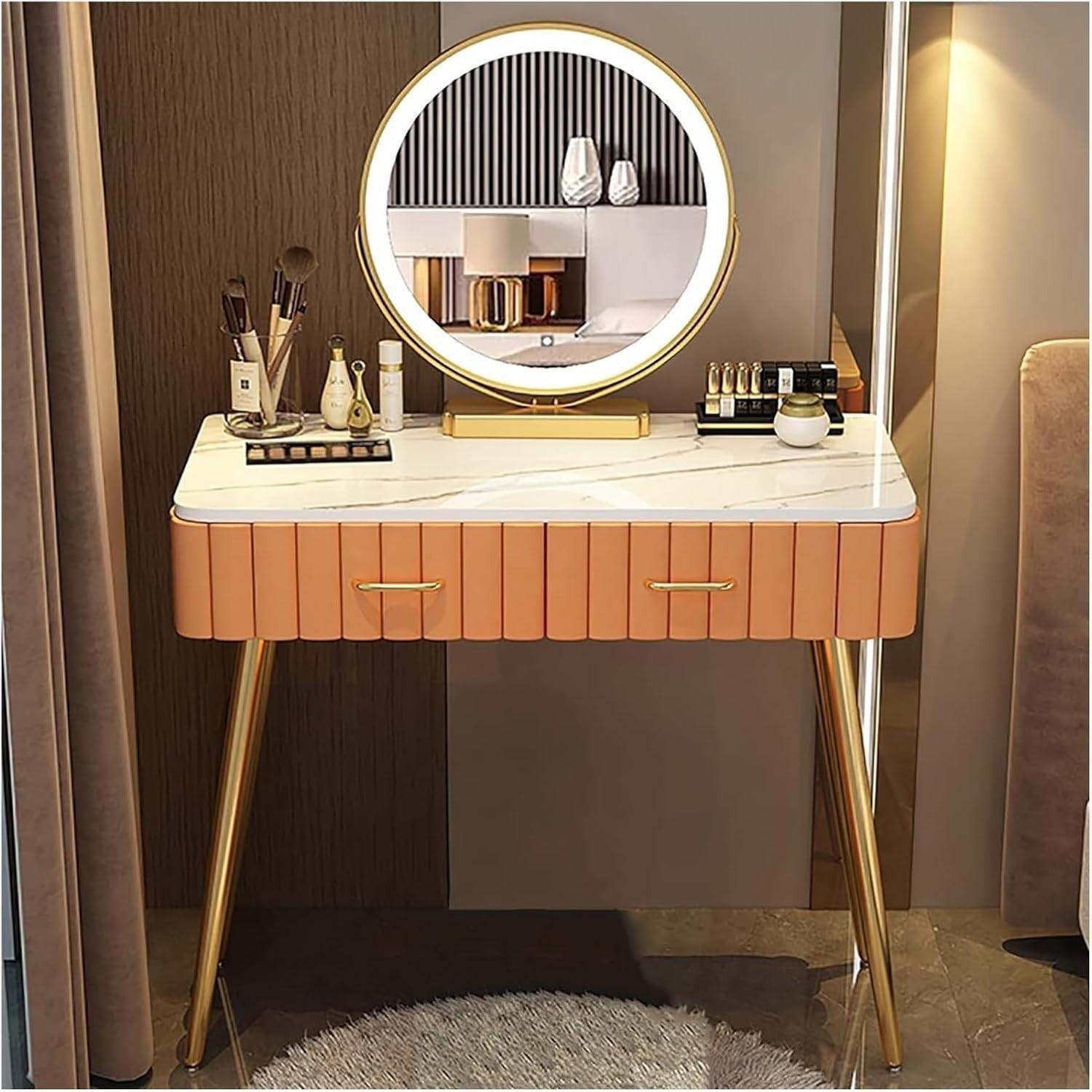 LED Vanity Makeup Dressing Table Desk Orange Mirror 2 Drawers Stool Set