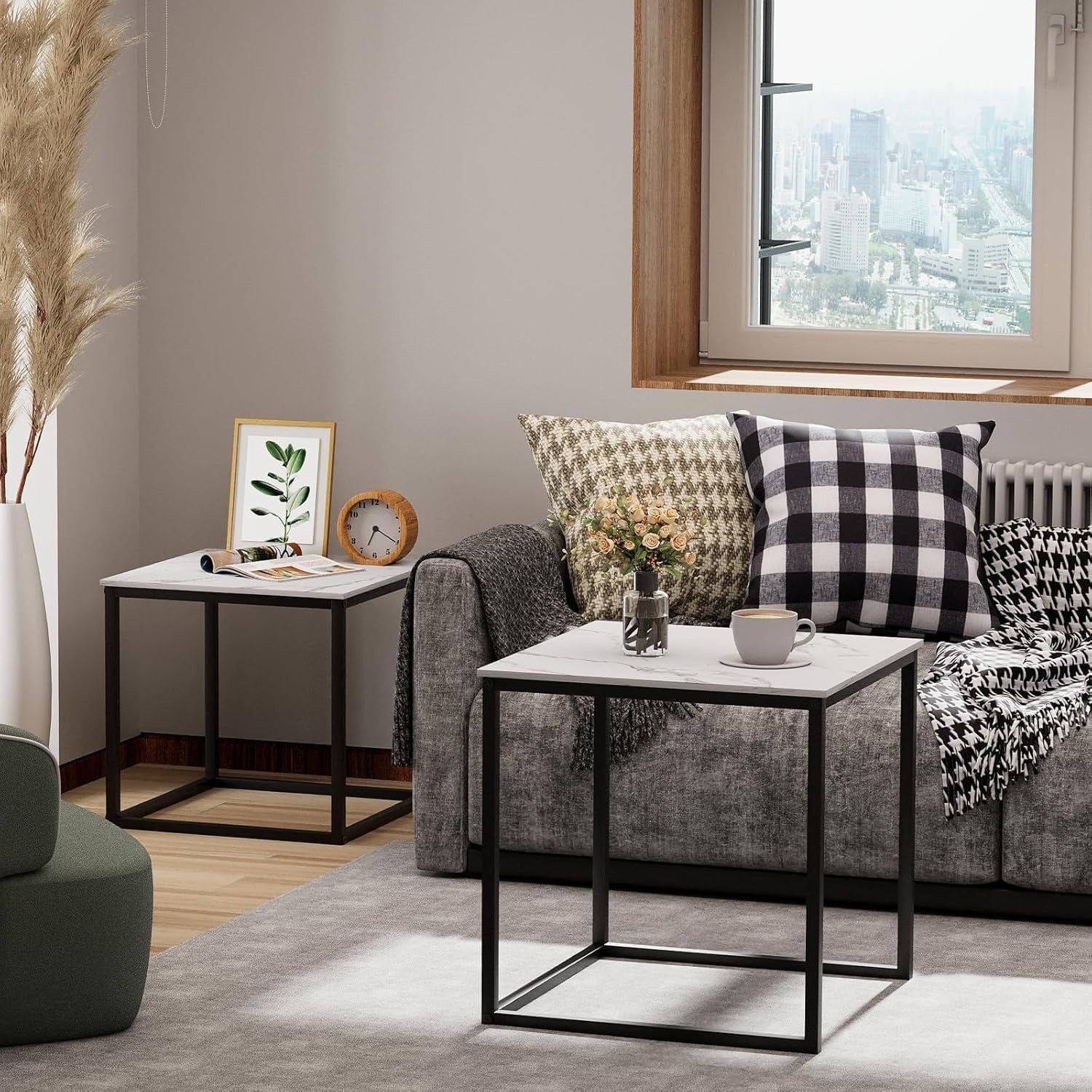 Black Nesting Coffee Table Set Modern Square Side End Tables Metal Frame