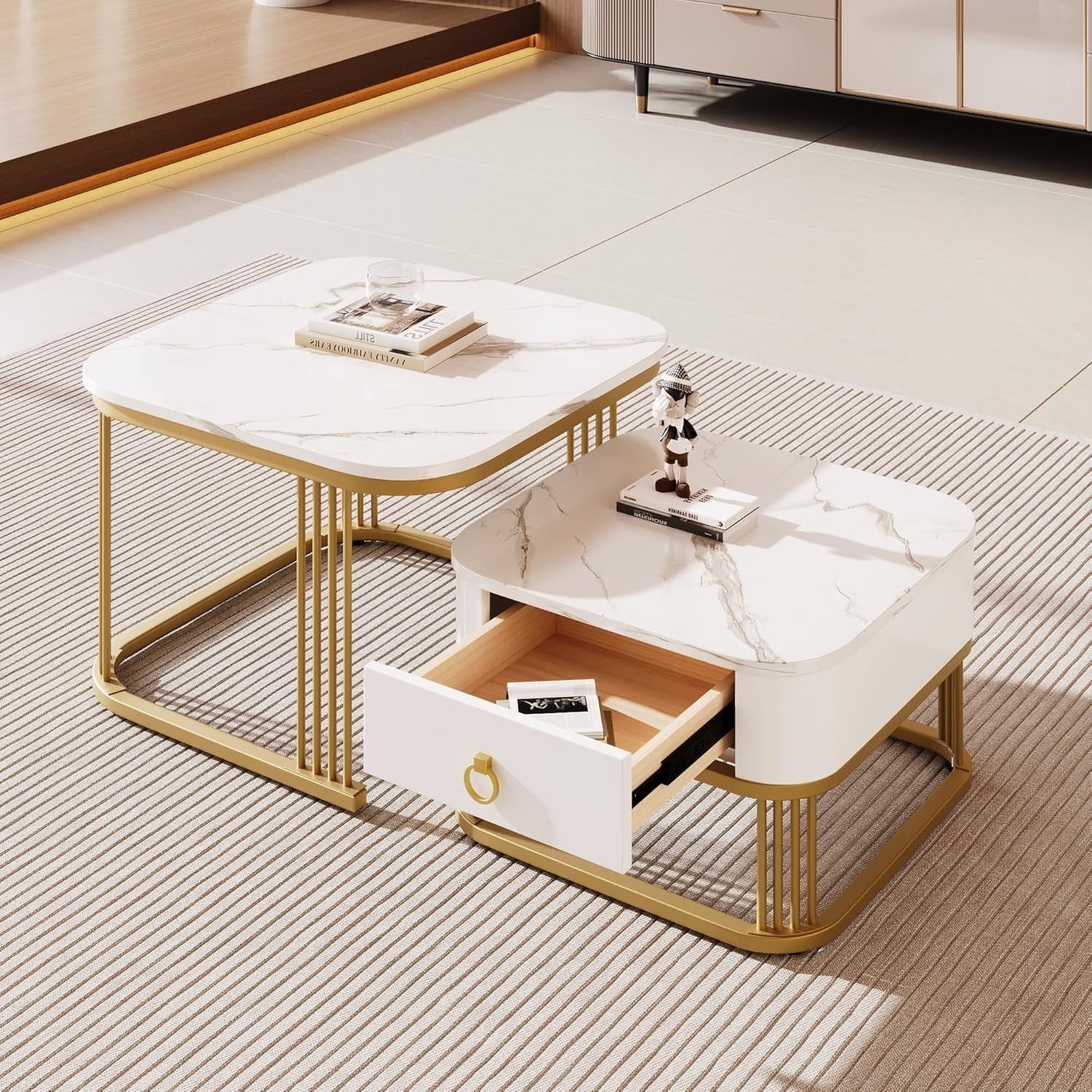 Square White Marble Nesting Coffee Table Set with Drawer – Gold Legs, Modern
