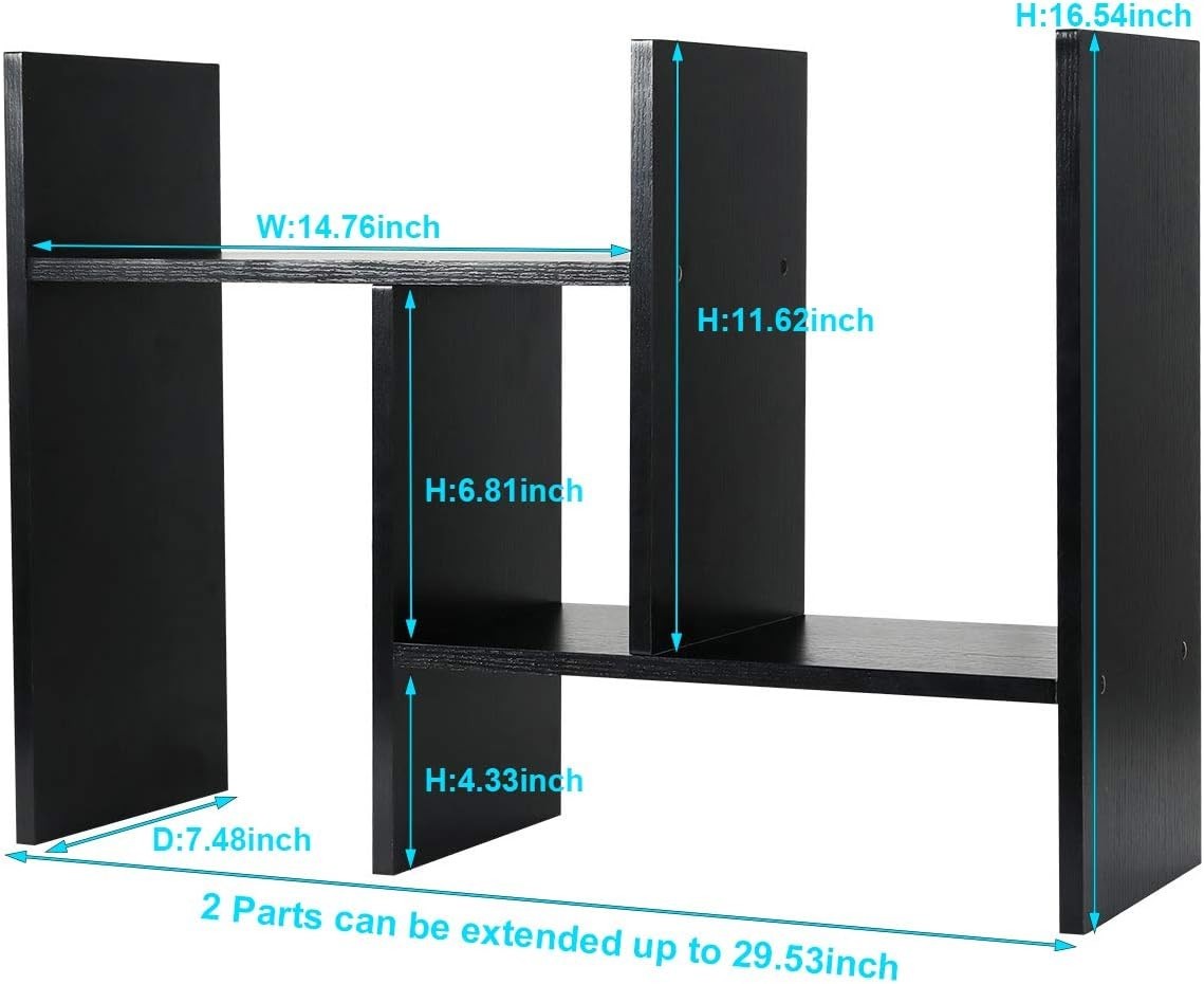 Adjustable Black Wood Desktop Bookshelf 3-Tier Space-Saving Desk Organizer