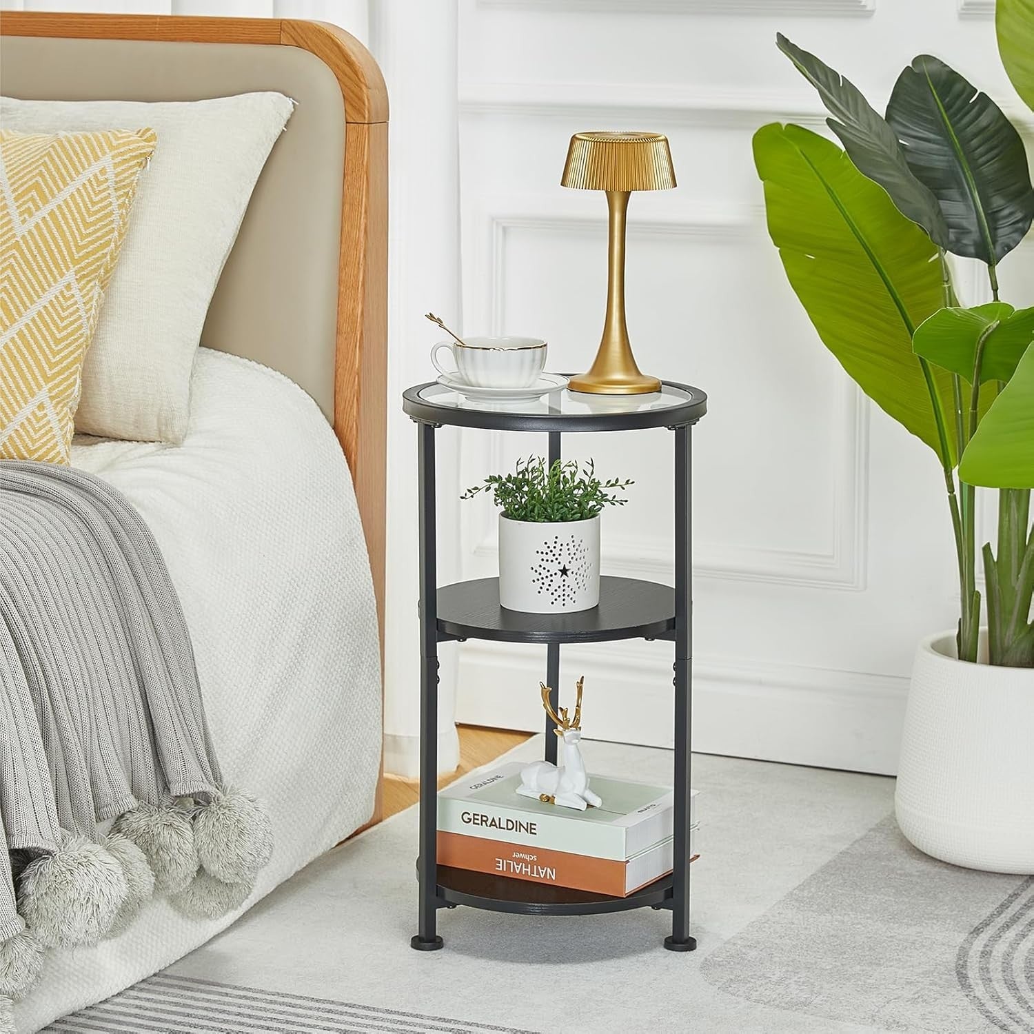 Modern 3-Tier Round Side Table with Tempered Glass, Storage, 30x30x55cm