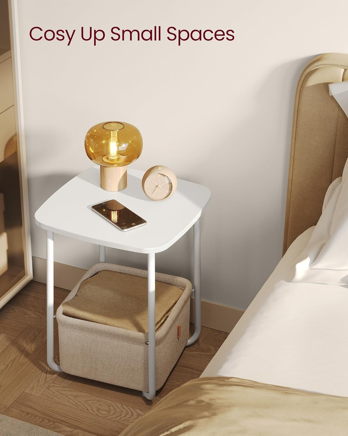Modern White Bedside Table with Fabric Storage Basket, Small Side Table