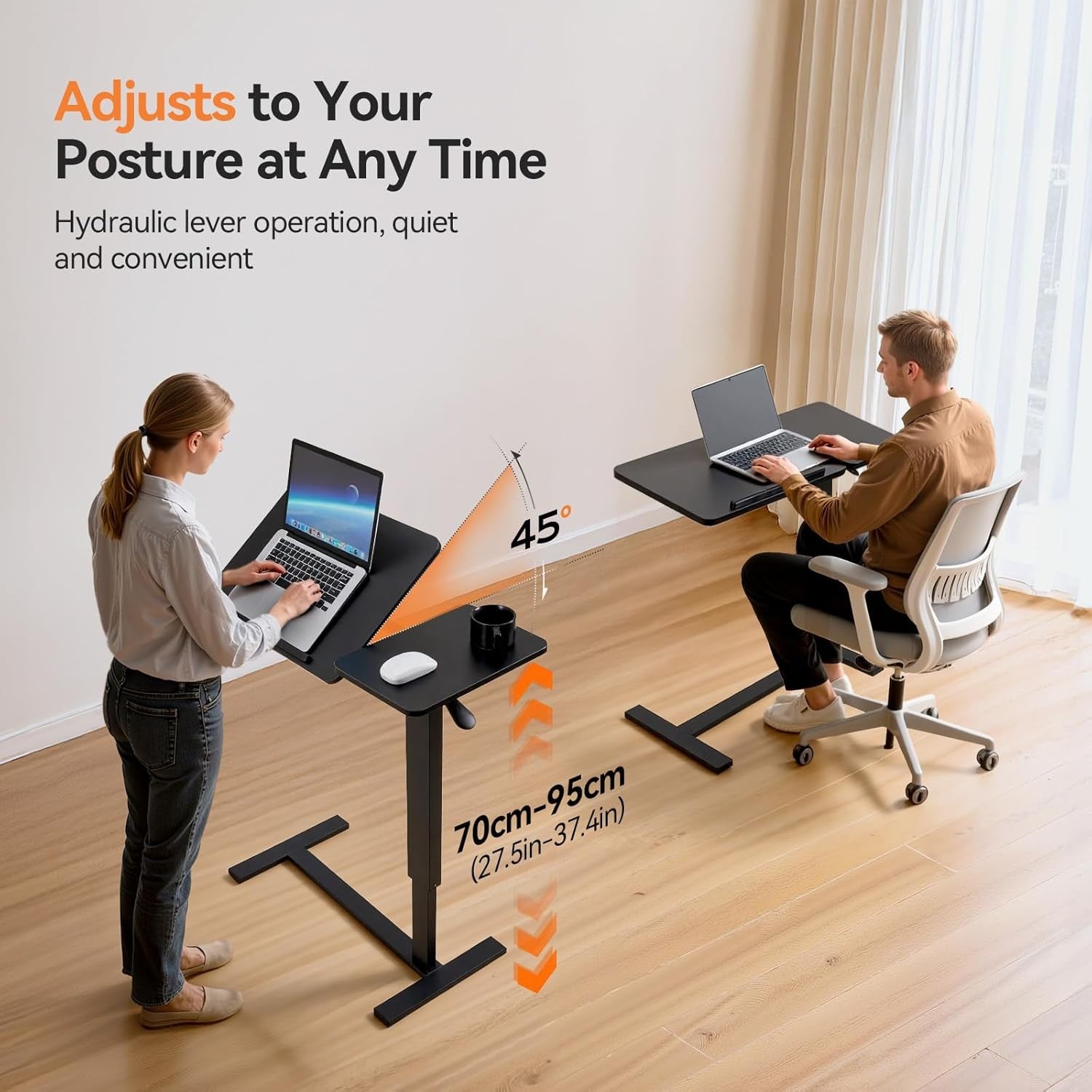 Overbed Laptop Table Height Adjustable Rolling Desk 45° Tilt Top 80x40cm