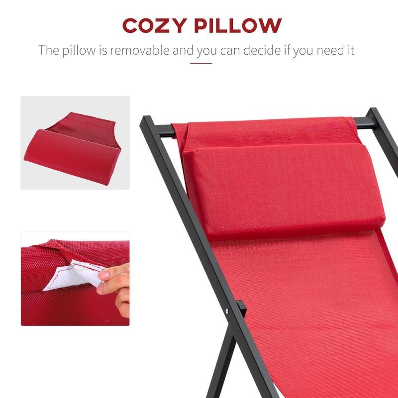 2x Folding Red Deck Chairs Reclining Aluminium Garden Patio Loungers