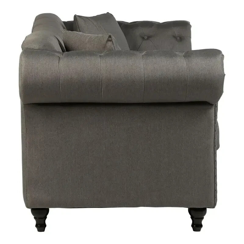2 Seater Grey Chesterfield Sofa | Button Tufted Fabric Couch with Scroll Arms
