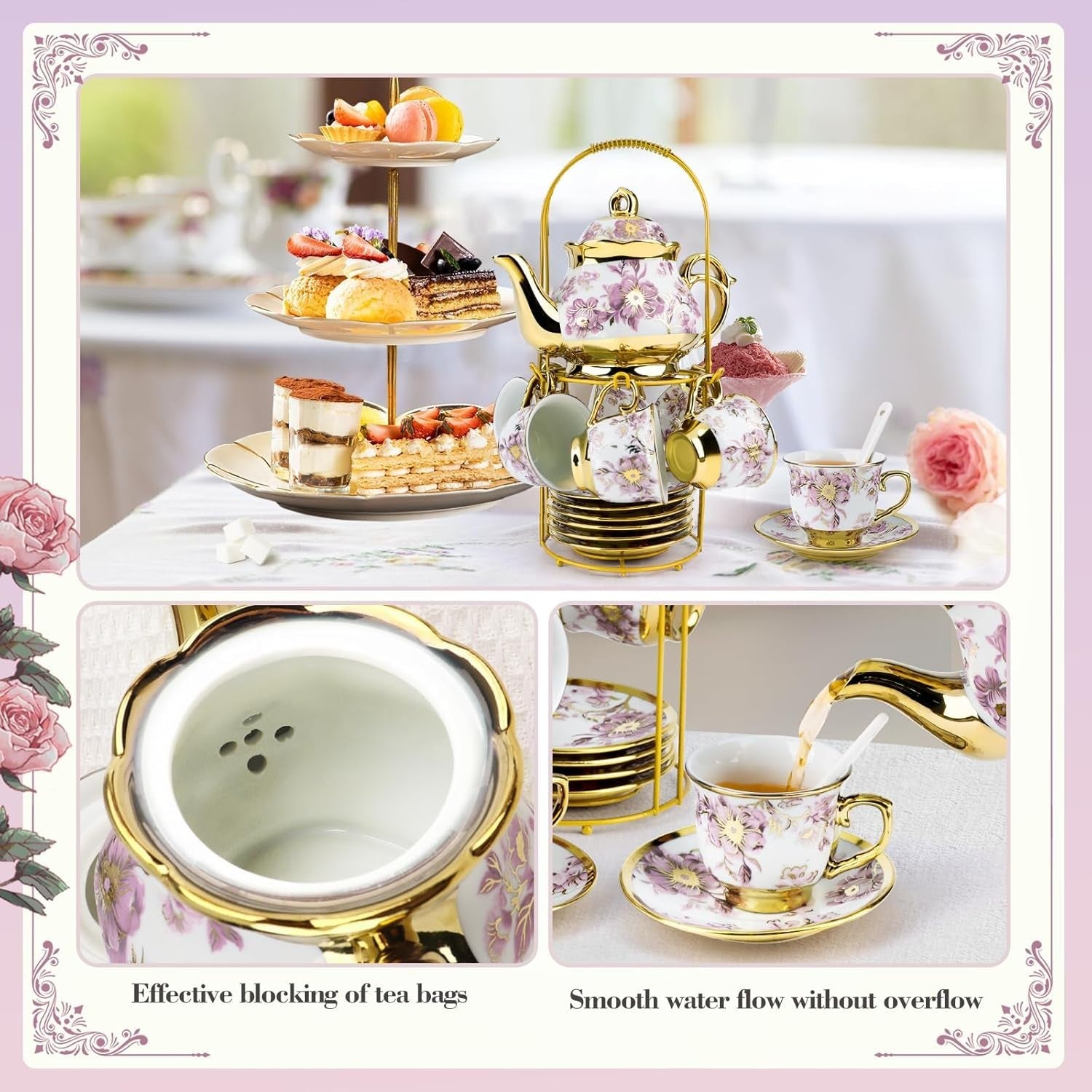 20Pc Purple Porcelain Tea Set Gold Floral Teapot Cups Saucers Stand