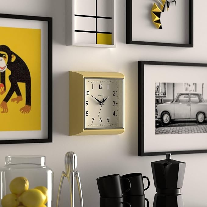 Mustard Yellow Retro Square Wall Clock 25cm Silent Quartz Easy Read Kitchen Offi