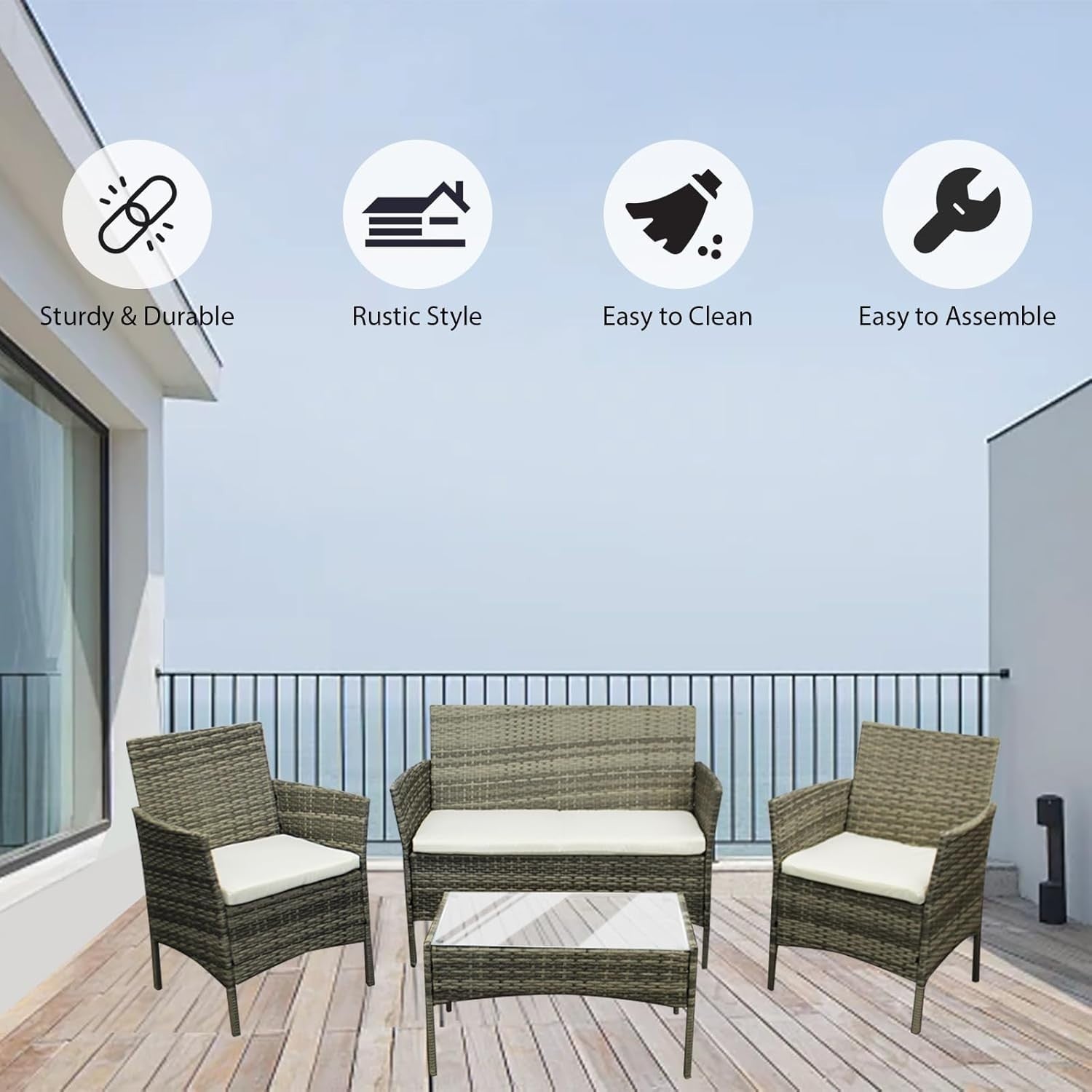 4-Piece Outdoor Rattan Patio Set Garden Sofa Table Chairs Backyard Yard