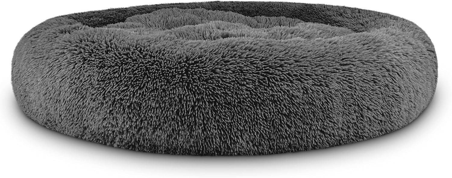 XL Plush Donut Dog Bed 114cm Calming Round Nest Grey