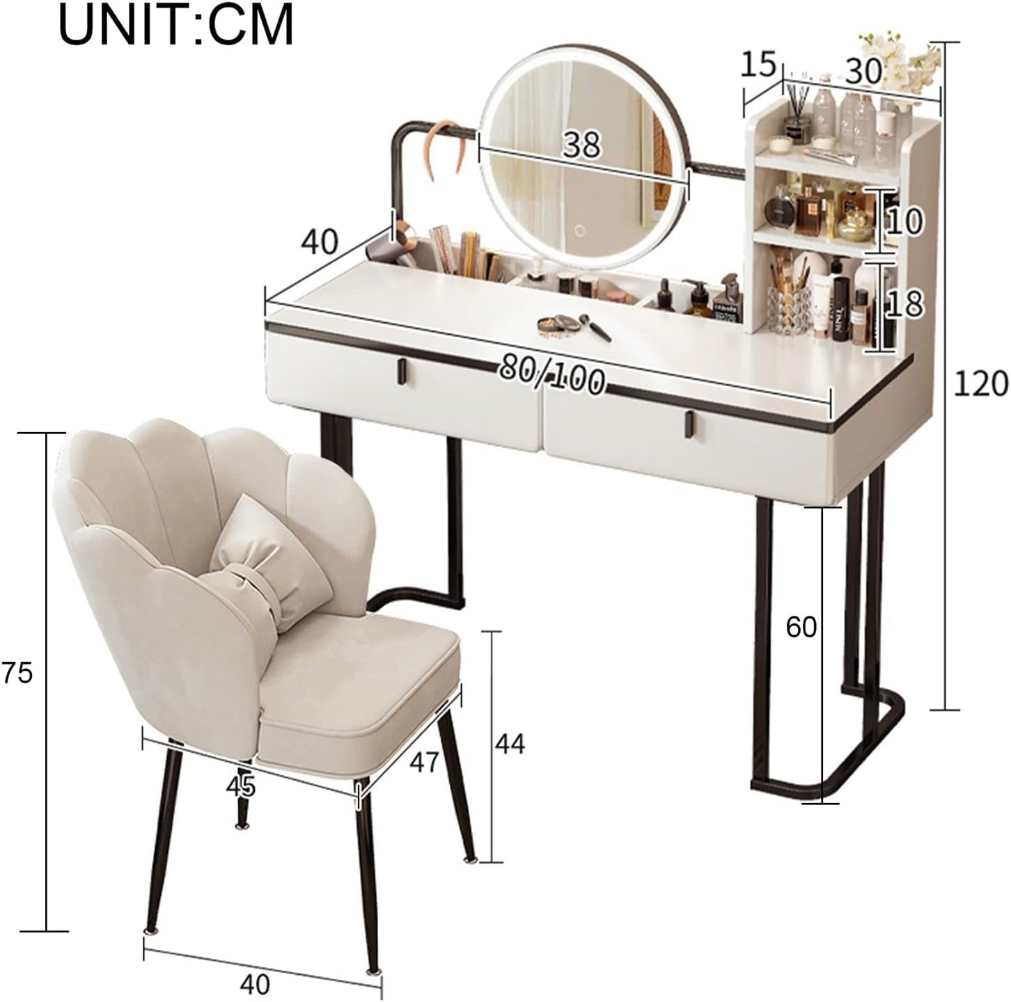 Vanity Makeup Dressing Table Set Stool LED Light Mirror Storage White & Black