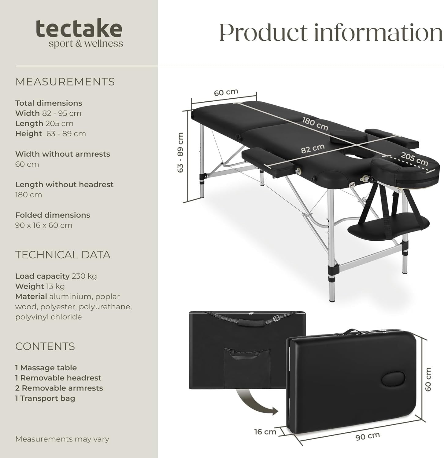 Portable 2 Section Massage Table Foldable Spa Beauty Bed 60cm Adjustable Black