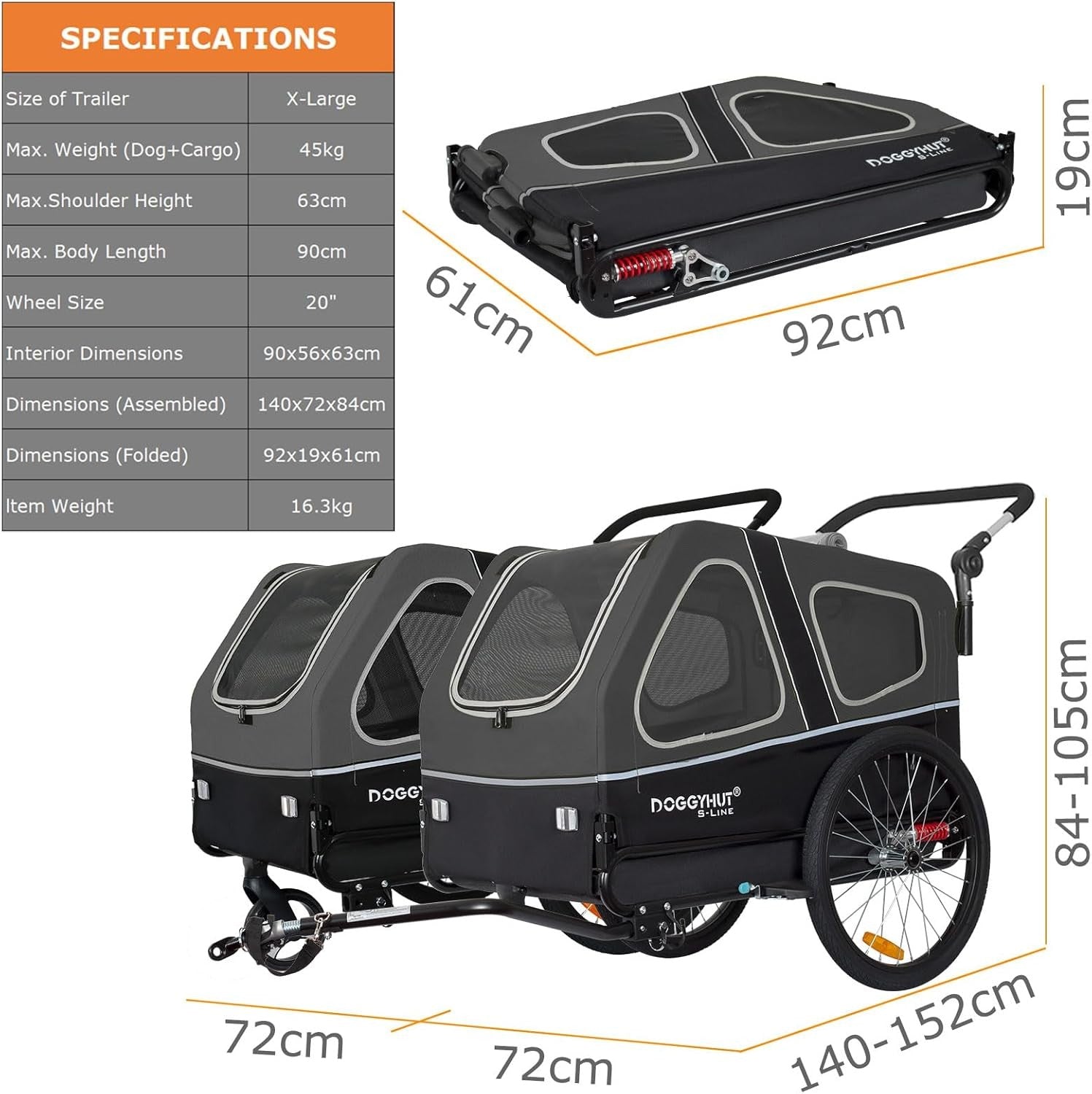Dog Bike Trailer Stroller 45kg Heavy Duty Folding Cart Grey Black Suspension