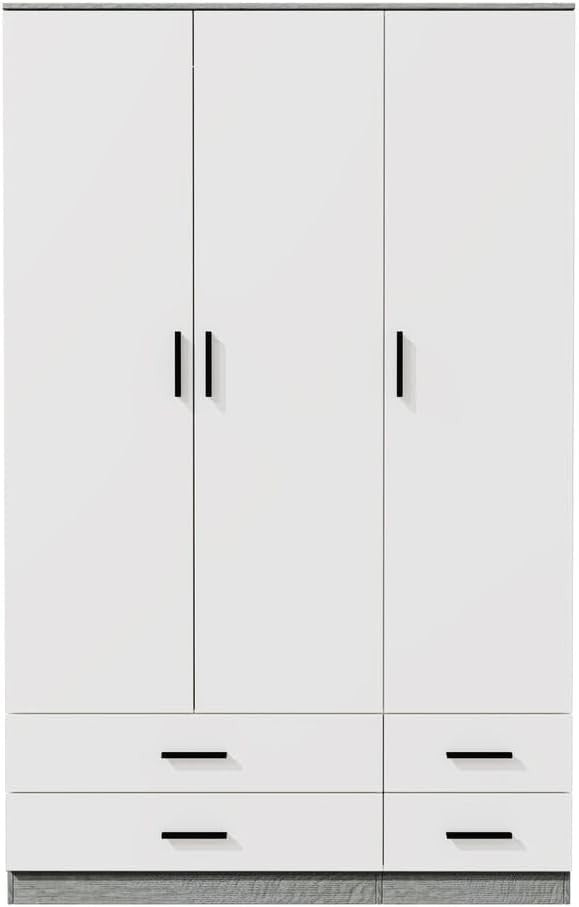 3 Door 4 Drawer Wardrobe Hanging Rail Storage Ash Grey & White Bedroom