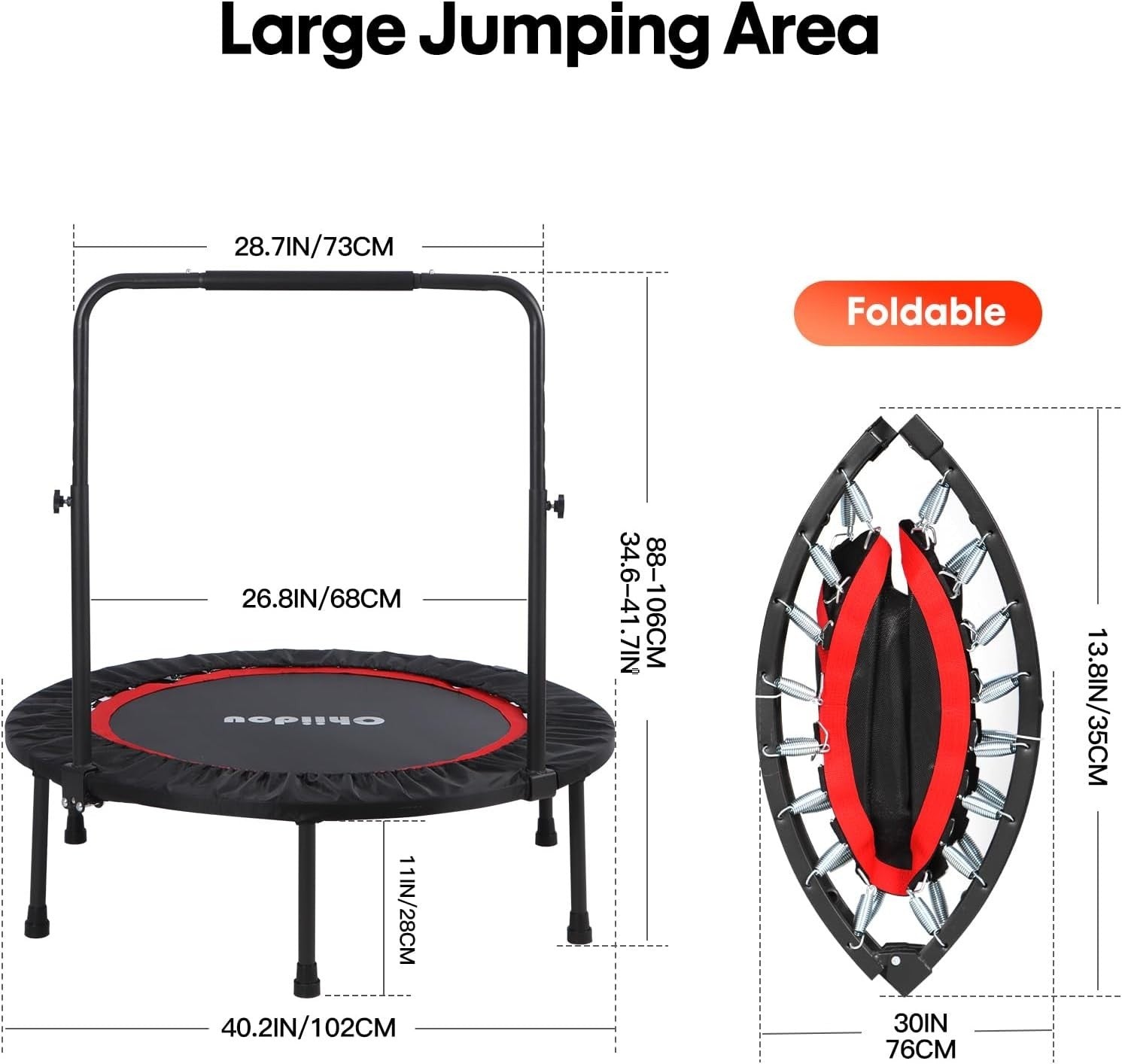 40'' Fitness Trampoline Foldable Rebounder Adjustable Handle Indoor Workout