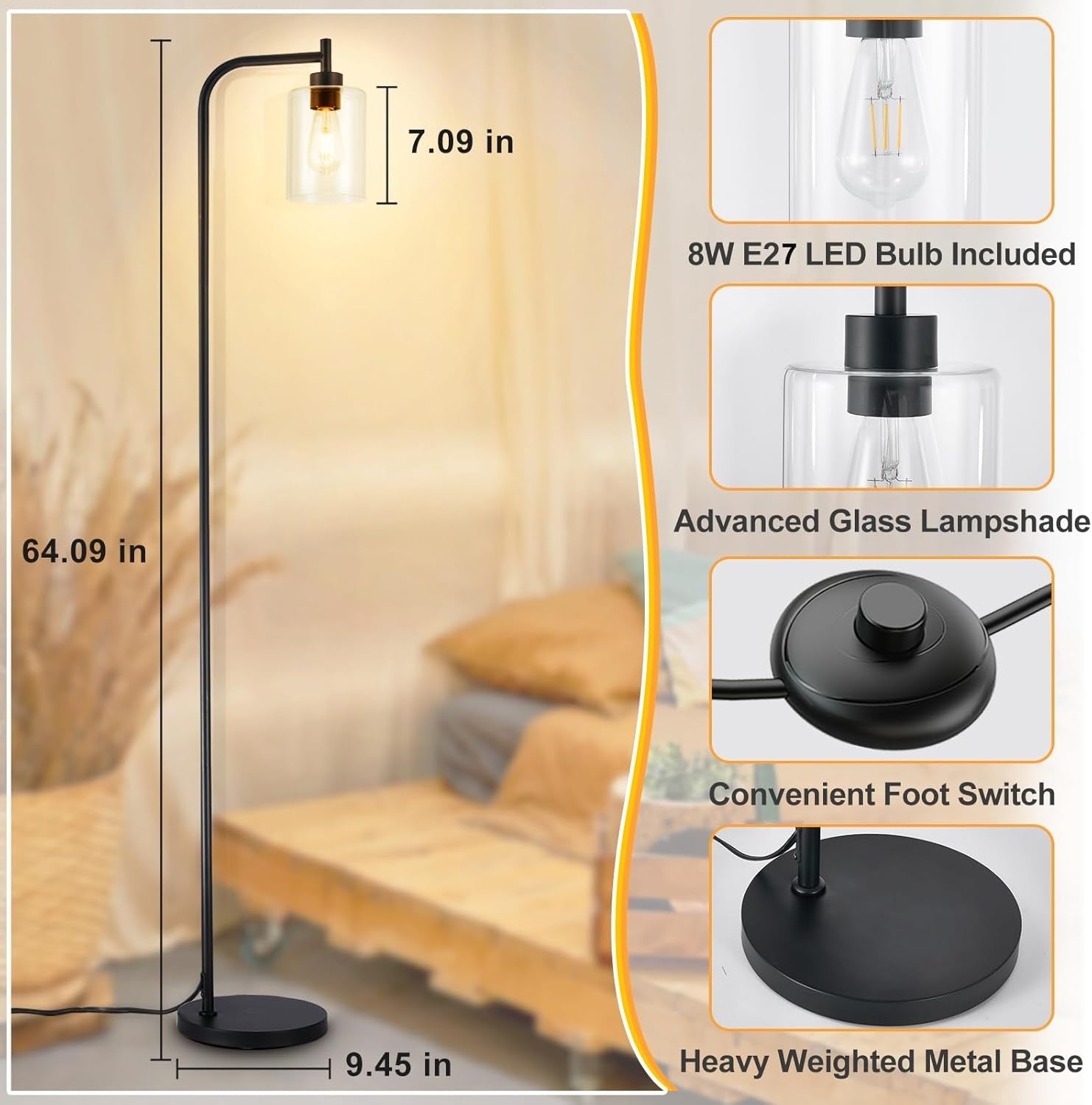 Tall Floor Lamp Industrial Black Seeded Glass E27 LED Modern Corner Light