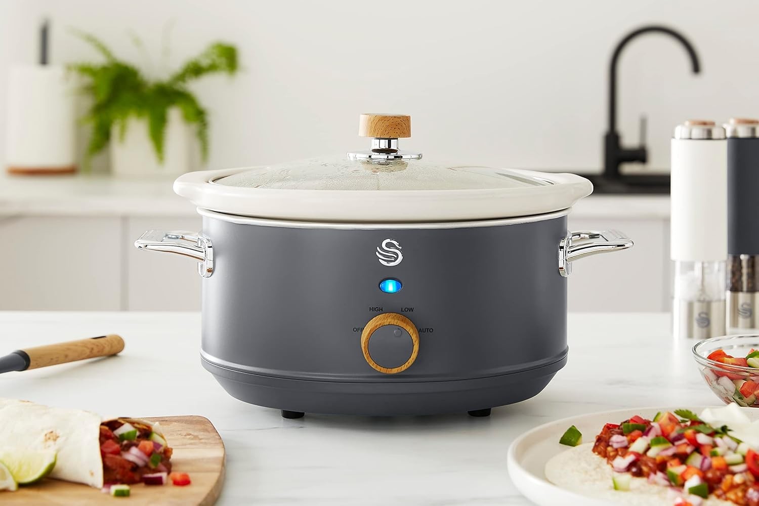 3.5L Ceramic Slow Cooker 3 Temp Settings Warm Function Non-Stick Pot Grey