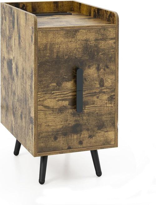 Slim Rustic Bedside Table with Charging Ports, 2-Drawer Narrow Nightstand