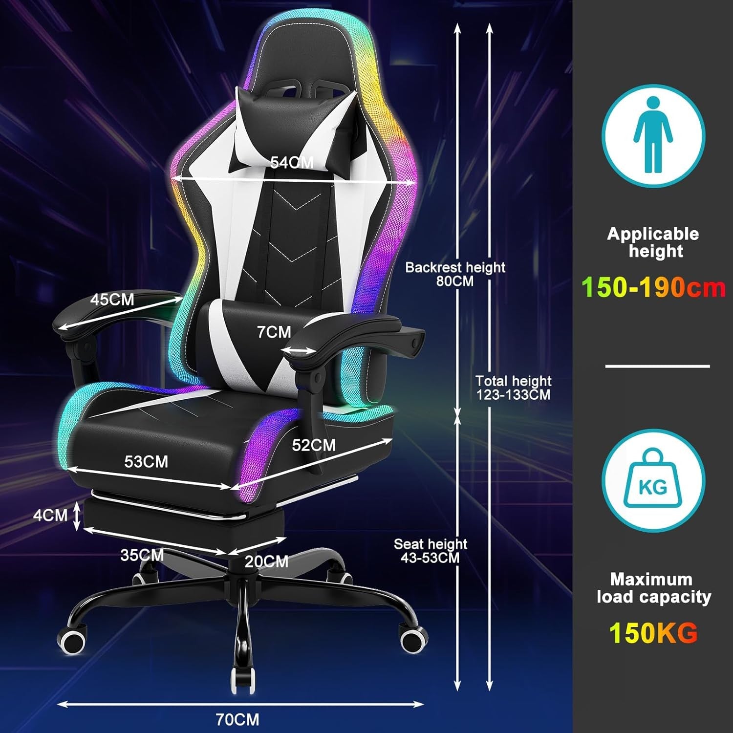 LED Gaming Chair w/ Footrest Massage Reclining RGB White