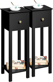 Set of 2 Black Slim Tall Bedside Tables with Drawer & Shelf – Narrow 25x25x70cm
