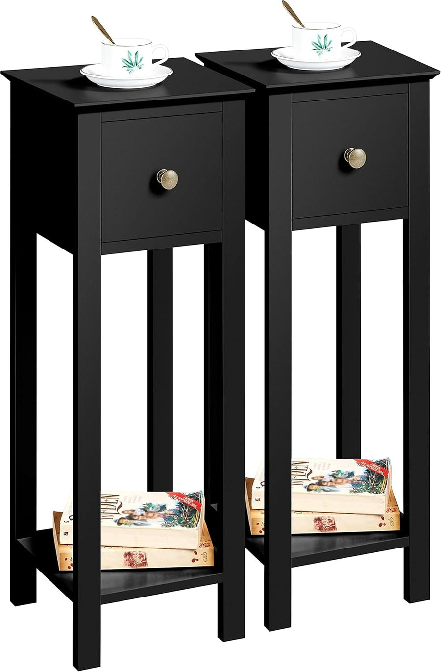 Set of 2 Black Slim Tall Bedside Tables with Drawer & Shelf – Narrow 25x25x70cm