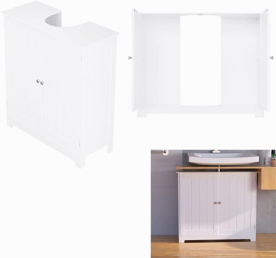 White Under Sink Bathroom Cabinet 57x30x61cm Waterproof Storage Cupboard