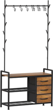 Industrial Coat Rack with Drawers & Shoe Bench | Rustic Brown Hall Tree Stand