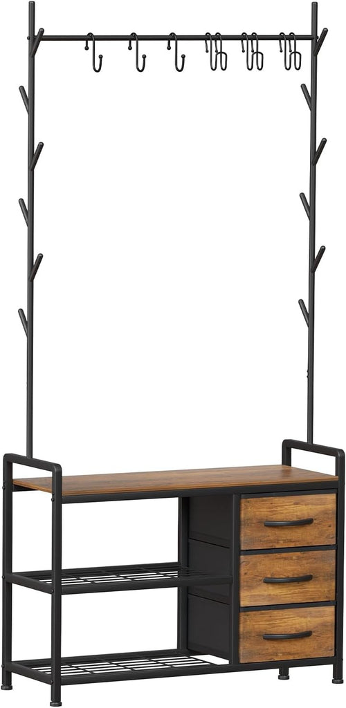 Industrial Coat Rack with Drawers & Shoe Bench | Rustic Brown Hall Tree Stand