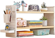 Adjustable 2-Tier Desk Organizer Shelf w/ Grid Panel | Wooden Desktop Hutch 40cm