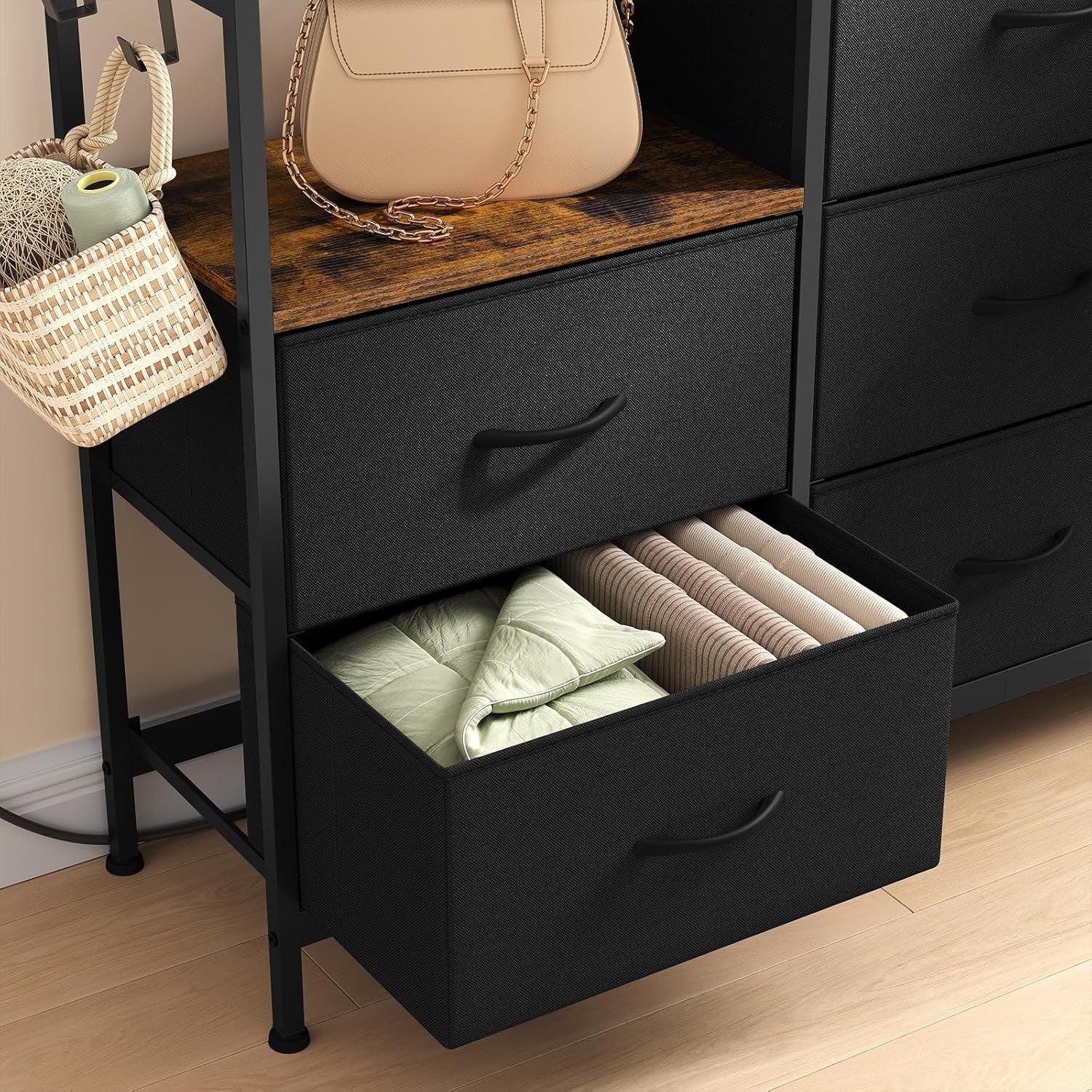 8 Drawer Fabric Chest with USB Ports Power Strip Rustic Black Storage Unit