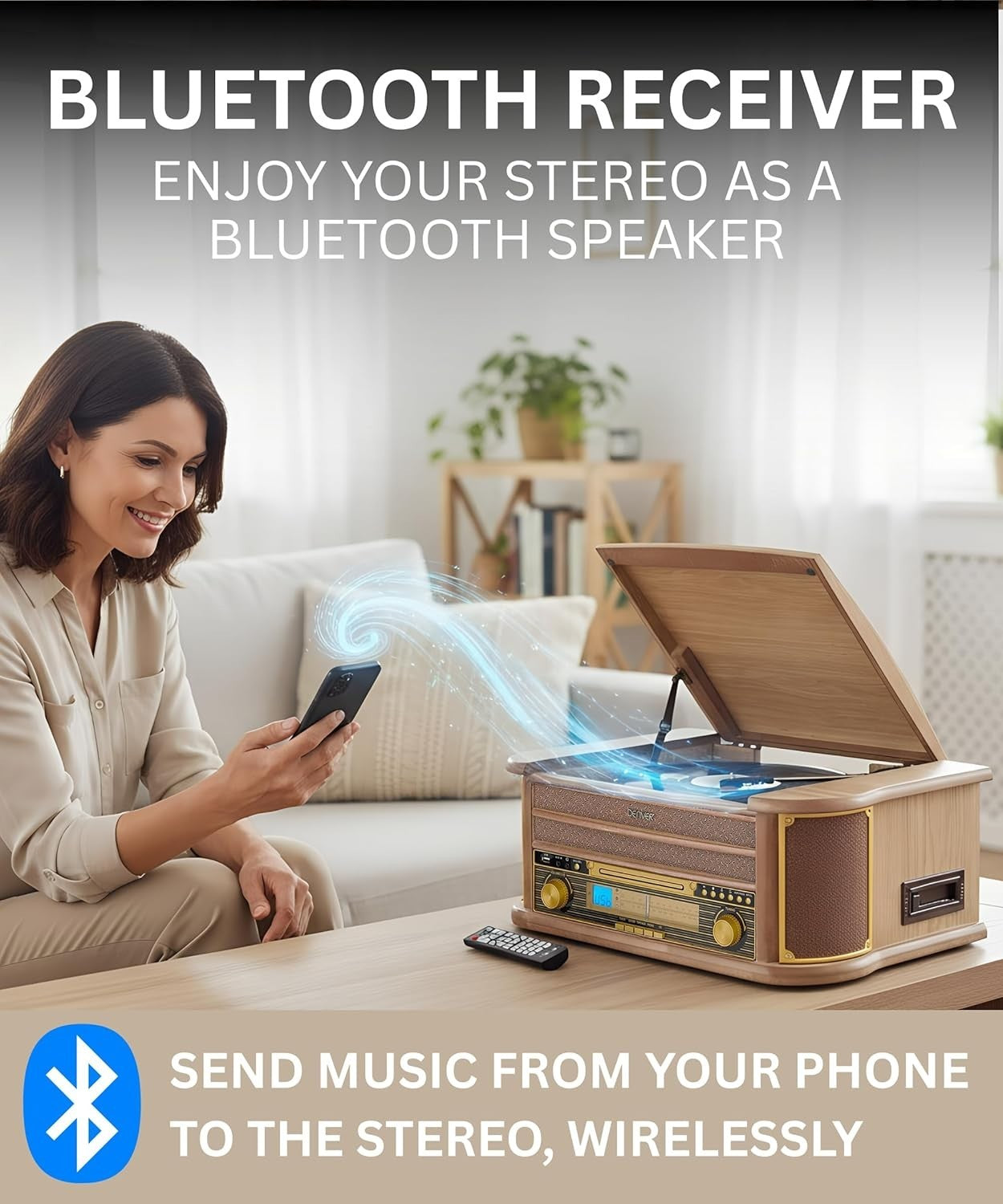 8-in-1 Retro Wooden Music System Vinyl CD Cassette Bluetooth USB MP3 Recorder