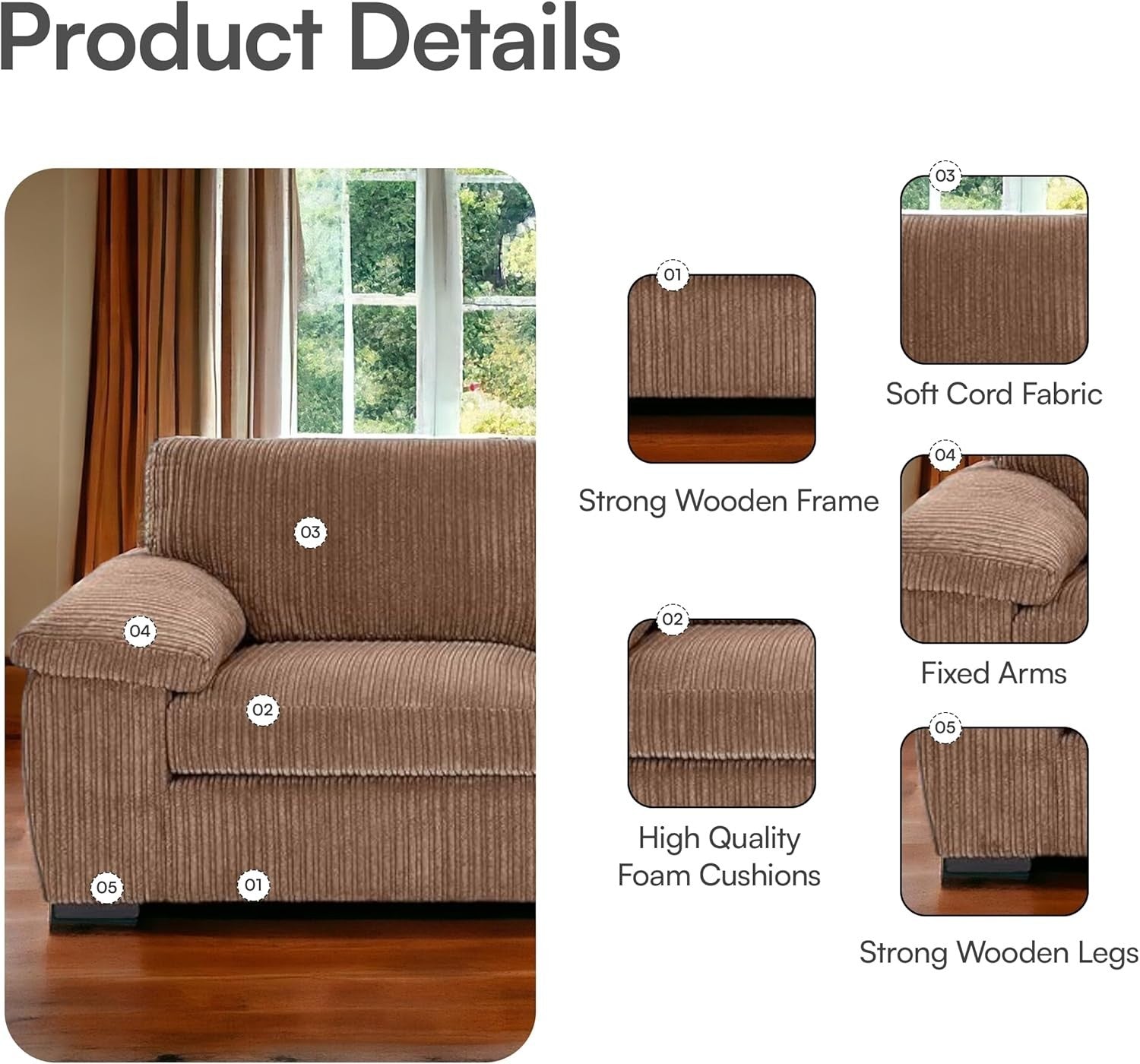 2 Seater Cord Sofa Compact Plush Couch Small Flats Living Room Comfort