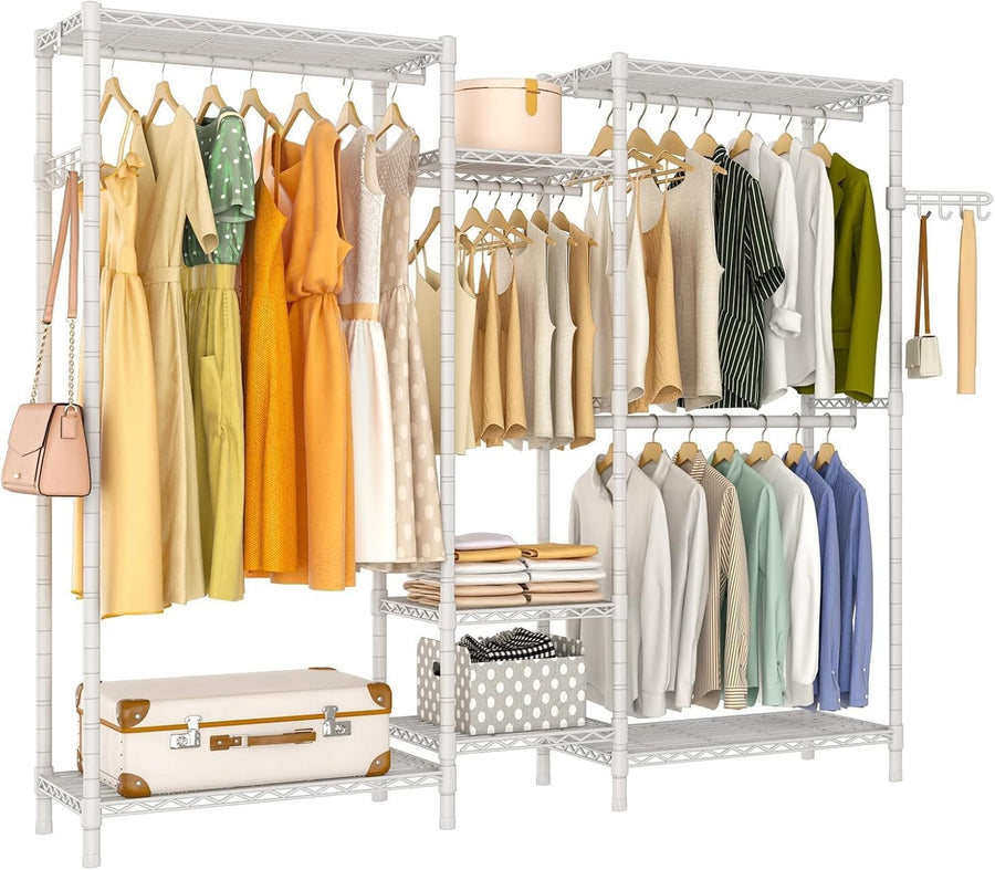 Heavy Duty Clothes Rail 7 Tier Adjustable Shelves 4 Rods White