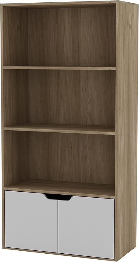 Modern Oak 4-Tier Wide Bookcase with White Door Cupboard – Wooden Shelf Unit